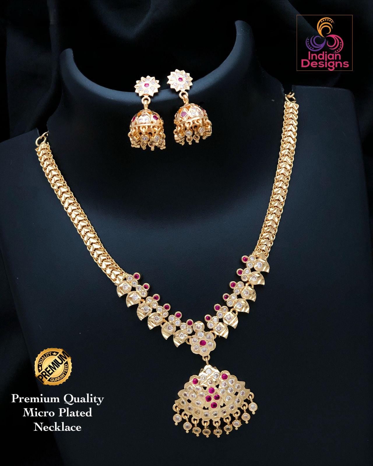 Gold-Plated Attigai Necklace with CZ Stones & Jhumka Earrings| American Diamond CZ Nec set| South Indian style Simple Necklace| gift for her