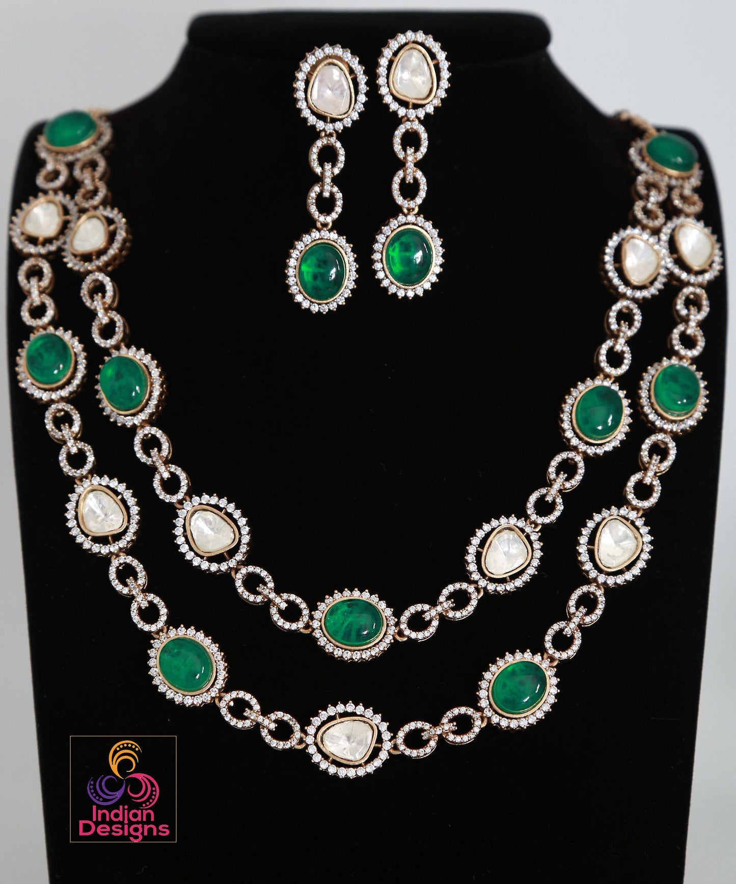 Doublet stone Moissanite Polki Necklace & Earring Set| Victorian Gold Emerald and Pink Kundan Sabyasachi Statement necklace set|Gift for her