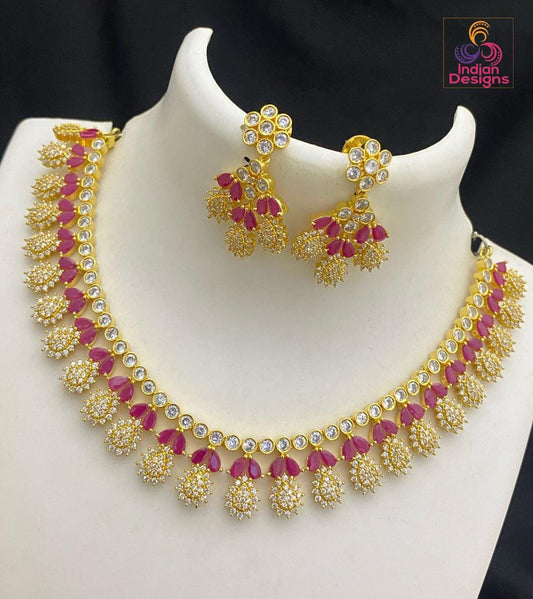 Gold-Plated American Diamond Ruby & CZ Stone Necklace Set with Matching Earrings| Statement Necklace| Indian Wedding Jewelry| Gift for her