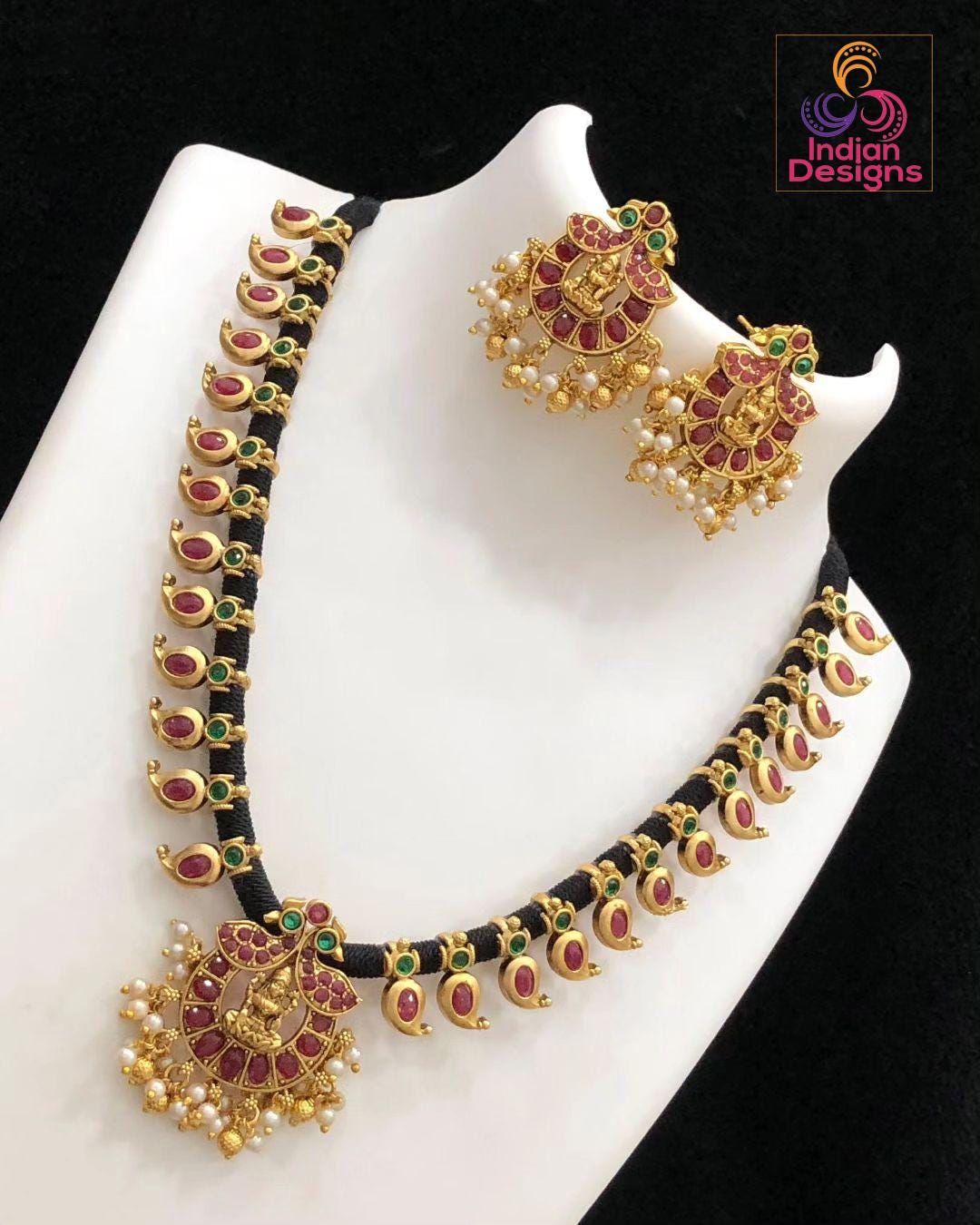 Traditional South Indian Style Lakshmi Necklace Set with Ruby and Green Stones| Temple Jewelry for Weddings | Gold Plated Lakshmi Jewelry