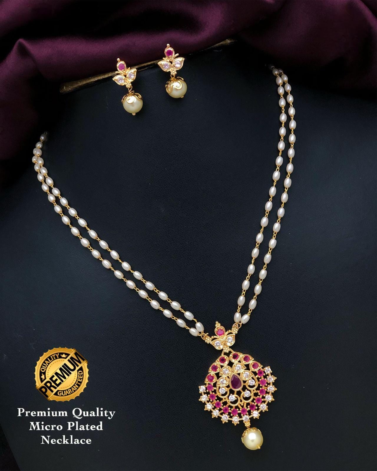 Gold Plated CZ Pendant Necklace & Earrings set| Dual stranded Pearl chain| South Indian Jewelry set| One Gram Gold Jewelry| Gift for her