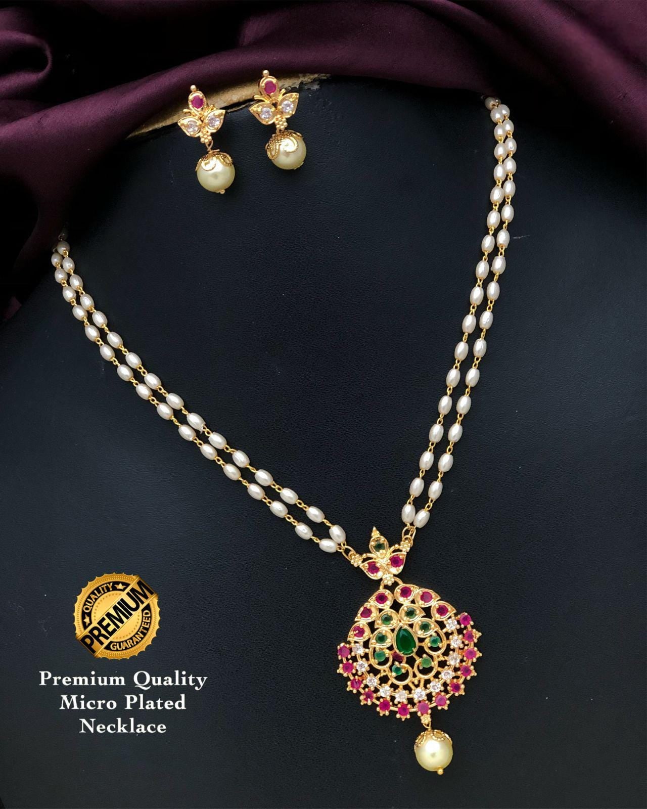 Gold Plated CZ Pendant Necklace & Earrings set| Dual stranded Pearl chain| South Indian Jewelry set| One Gram Gold Jewelry| Gift for her