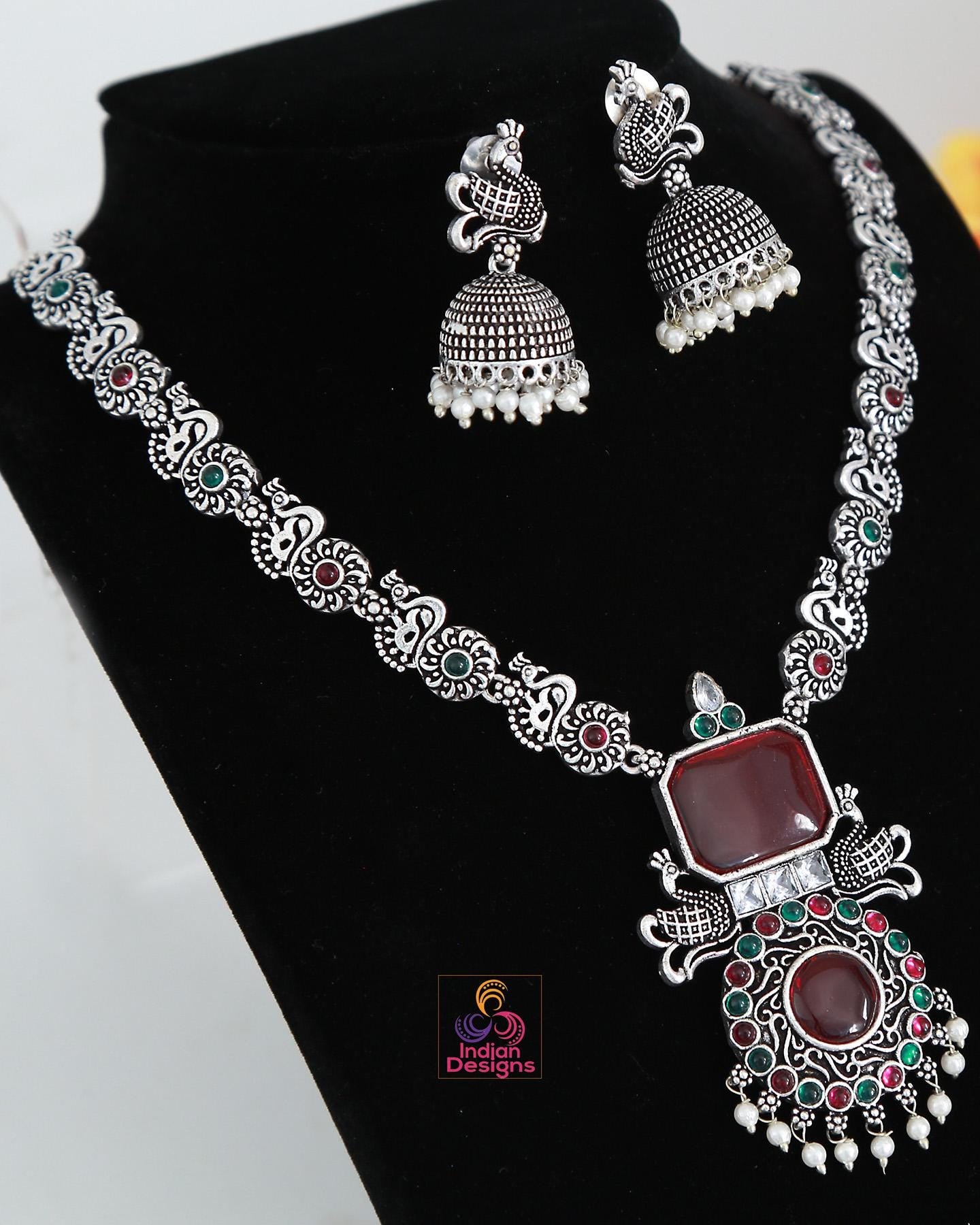 German Silver Oxidized Necklace and Earring set | Indian Jewelry Oxidized necklace with color stones | Traditional Antique Wedding jewelry