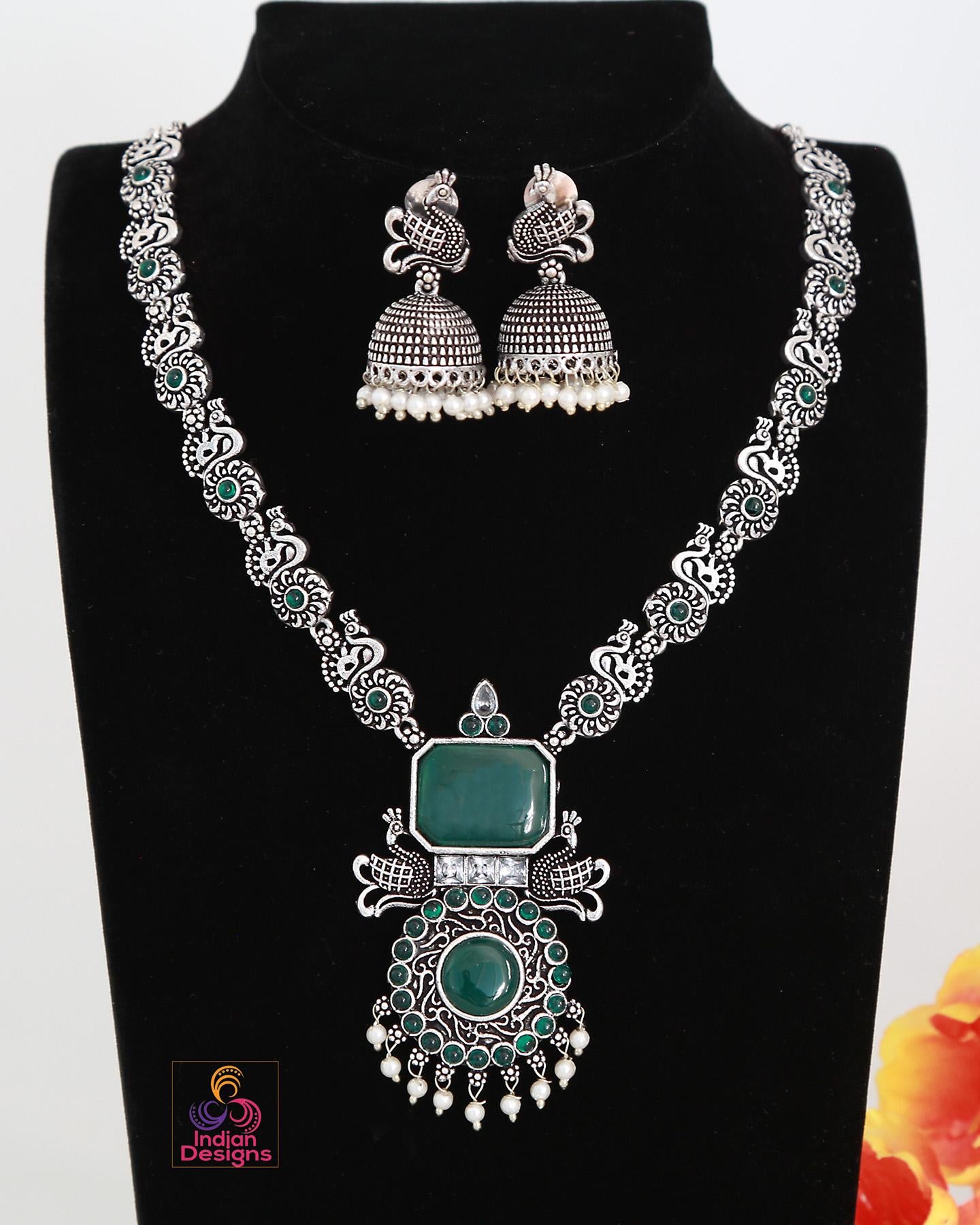 German Silver Oxidized Necklace and Earring set | Indian Jewelry Oxidized necklace with color stones | Traditional Antique Wedding jewelry