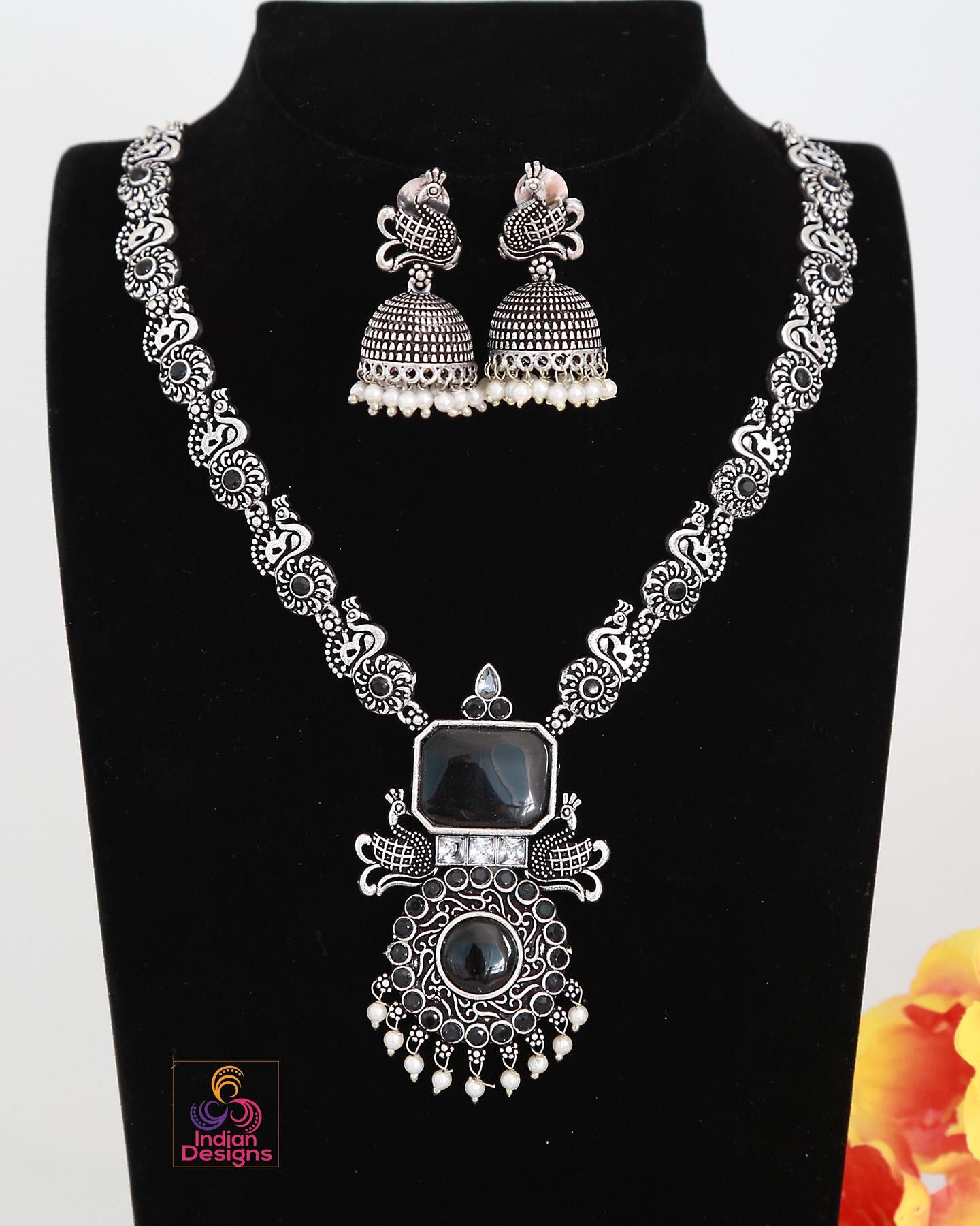 German Silver Oxidized Necklace and Earring set | Indian Jewelry Oxidized necklace with color stones | Traditional Antique Wedding jewelry