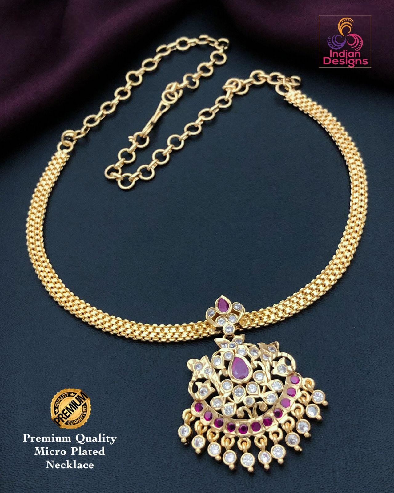 Gold Plated Ruby Emerald Attigai necklace set| American Diamond CZ Choker Simple necklace| Indian jewelry| South Indian Style| Gift for her