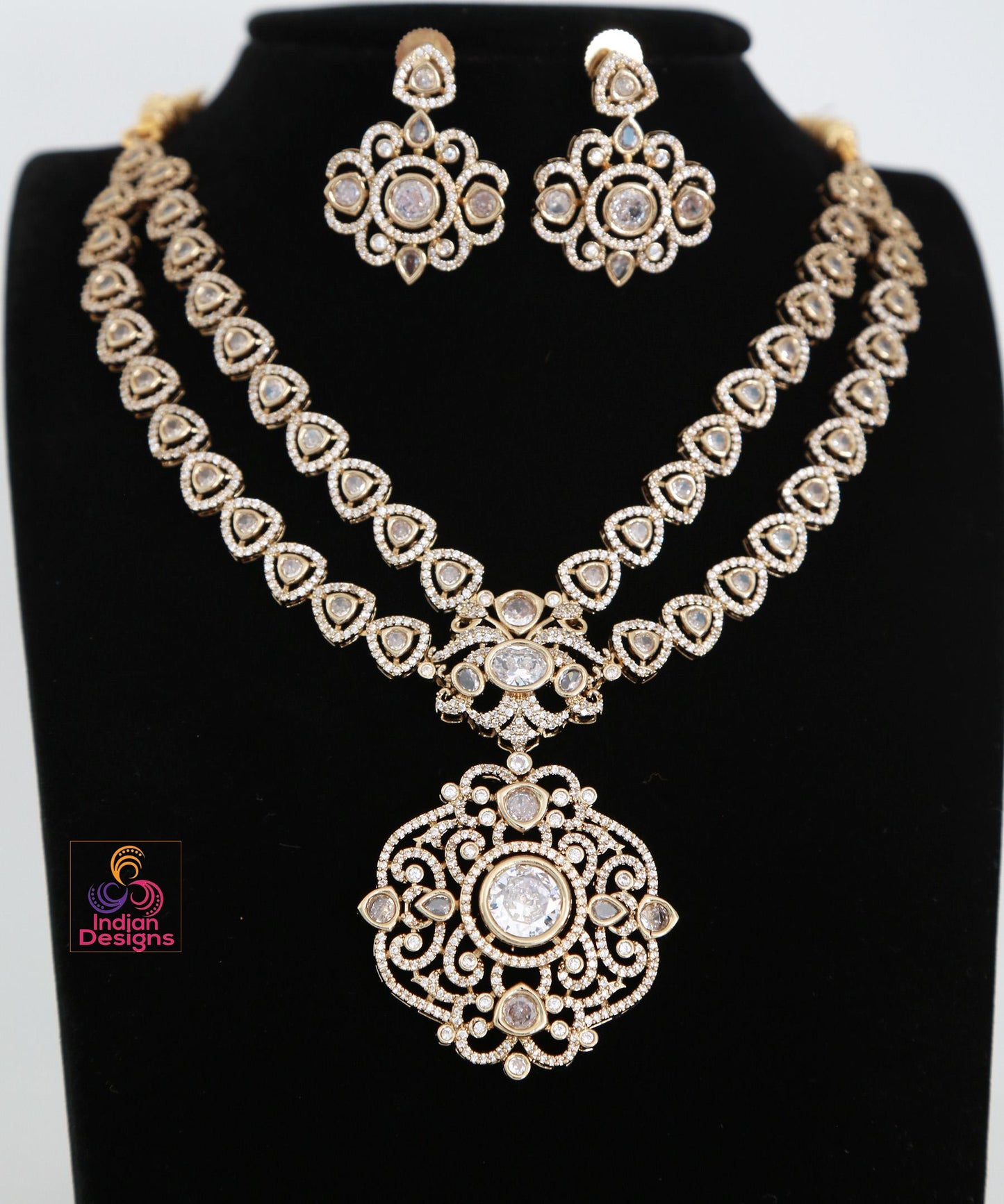 Victorian Style AD Kundan Choker Necklace with Designer Pendant| Gold Plated Antique Statement Necklace| American diamond wedding Jewelry