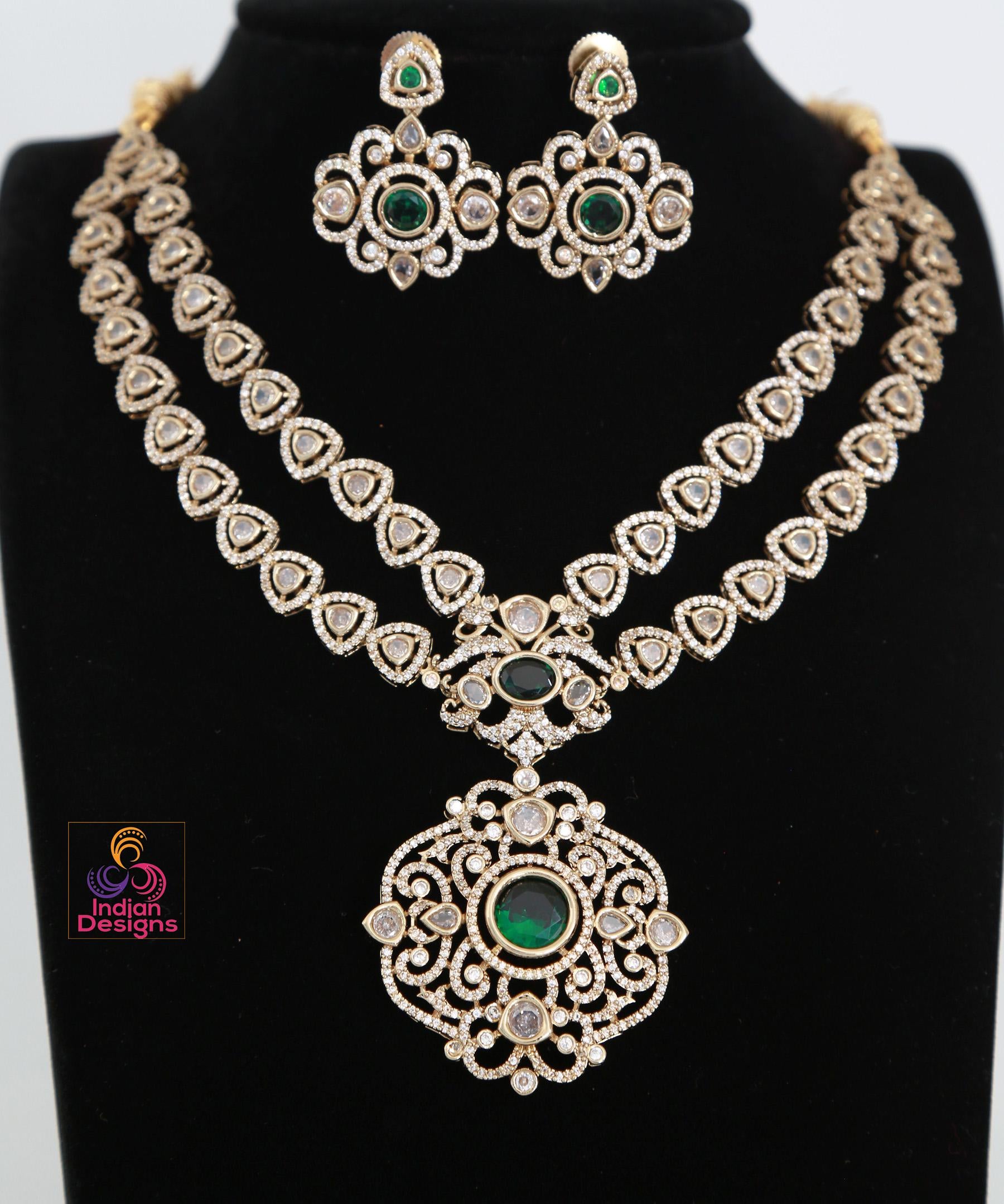 Victorian Style AD Kundan Choker Necklace with Designer Pendant| Gold Plated Antique Statement Necklace| American diamond wedding Jewelry