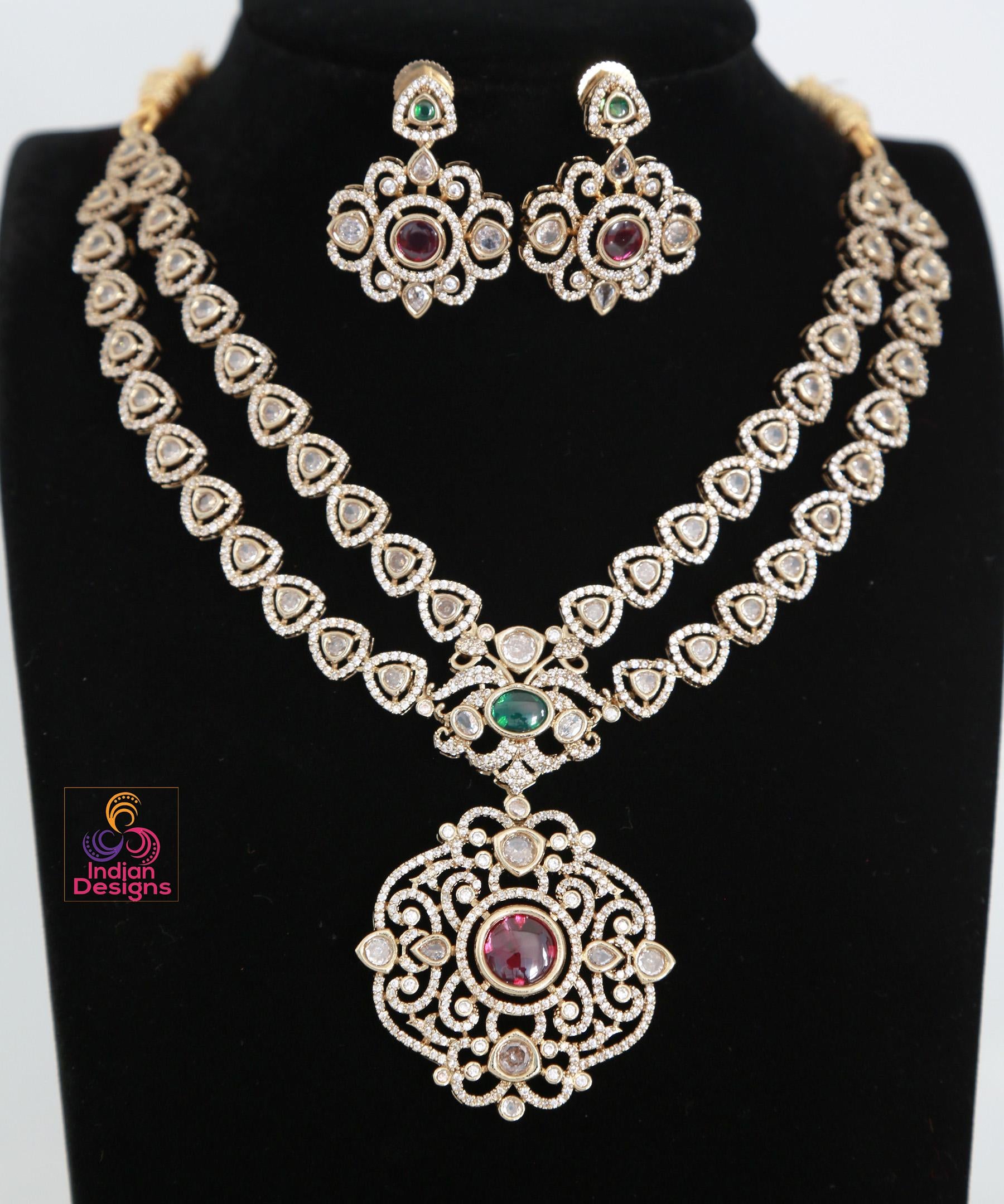 Victorian Style AD Kundan Choker Necklace with Designer Pendant| Gold Plated Antique Statement Necklace| American diamond wedding Jewelry