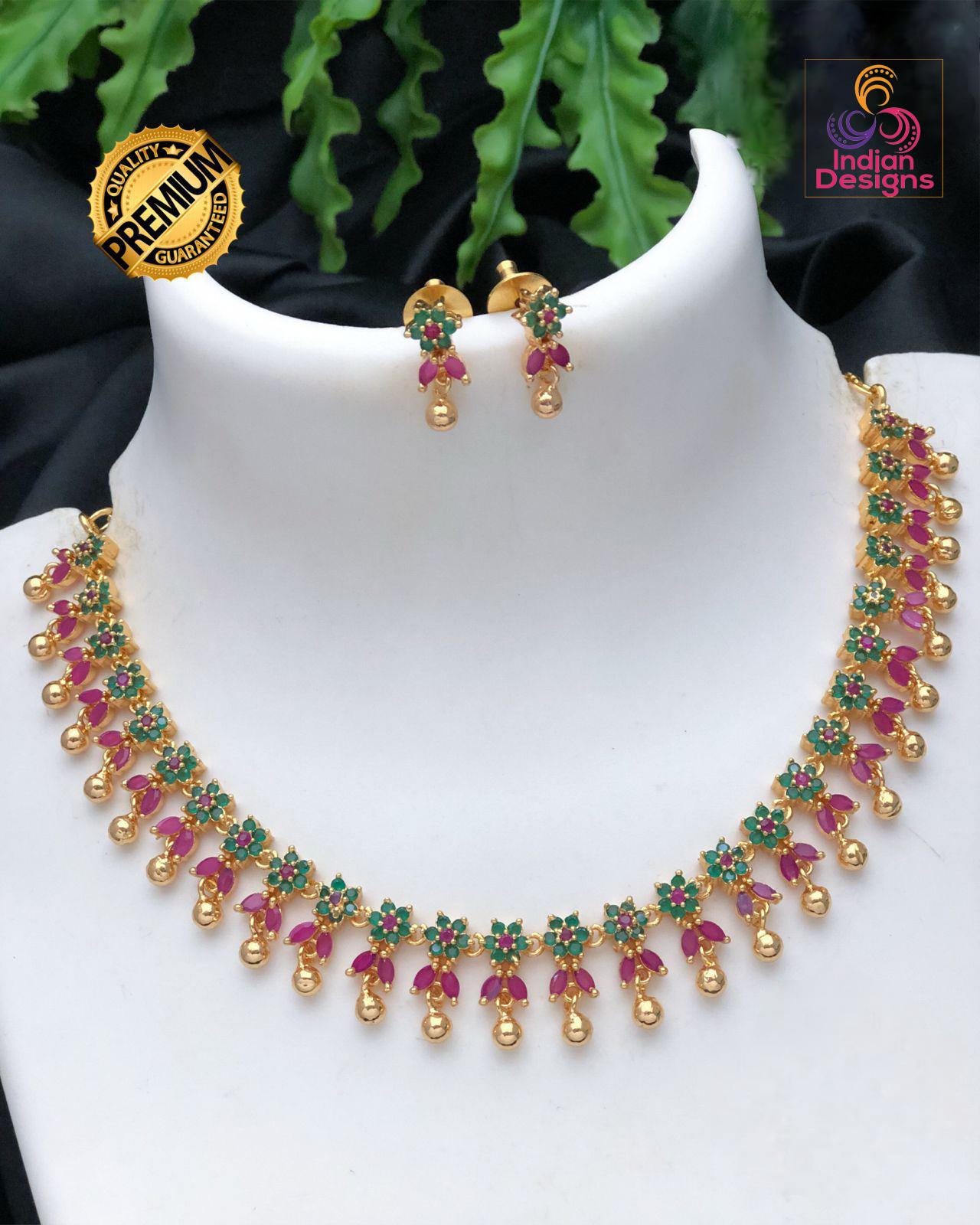 Gold Plated AD Choker Necklace and Earrings| Emerald Ruby CZ Diamond choker| Indian jewelry Statement Necklace| Gift for her