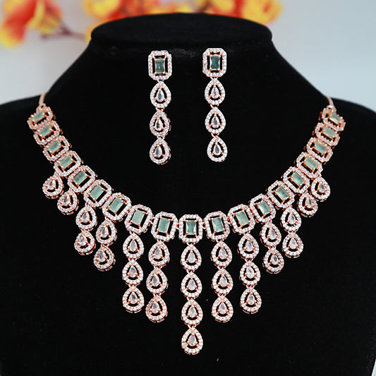 Rose Gold American Diamond multi strand necklace and Earrings