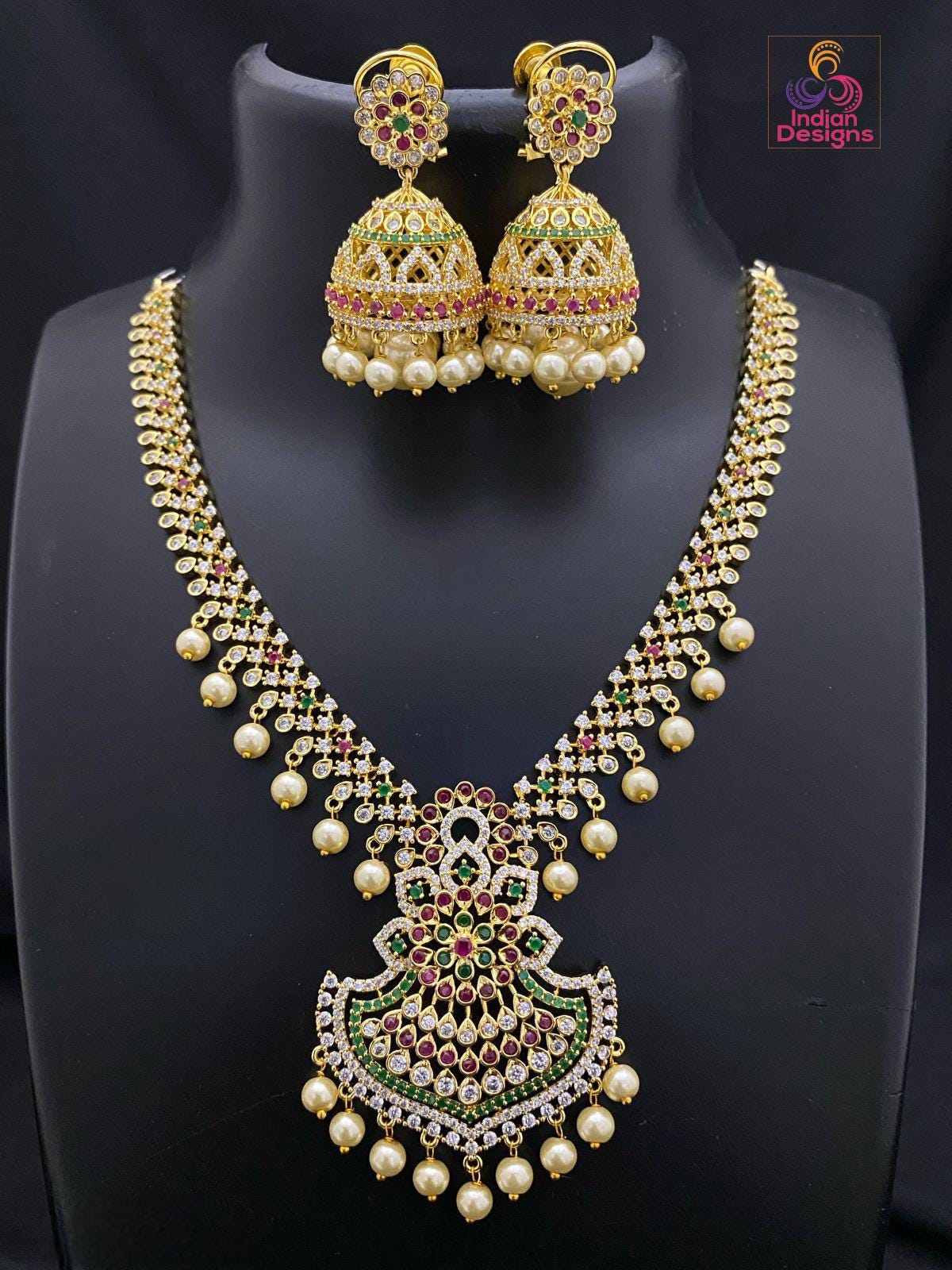 Gold Plated Ruby and Emerald CZ Necklace with Matching Jhumkas| American Diamond Wedding statement Necklace| Pearl jhumkas with necklace