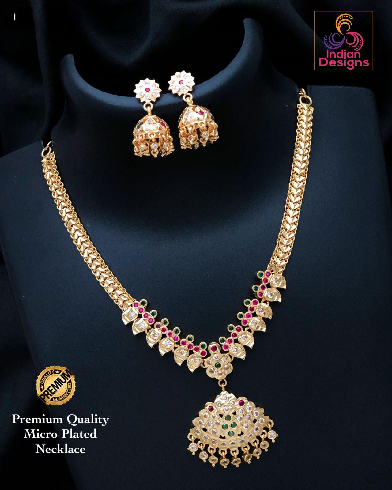 Gold-Plated Attigai Necklace with CZ Stones & Jhumka Earrings| American Diamond CZ Nec set| South Indian style Simple Necklace| gift for her