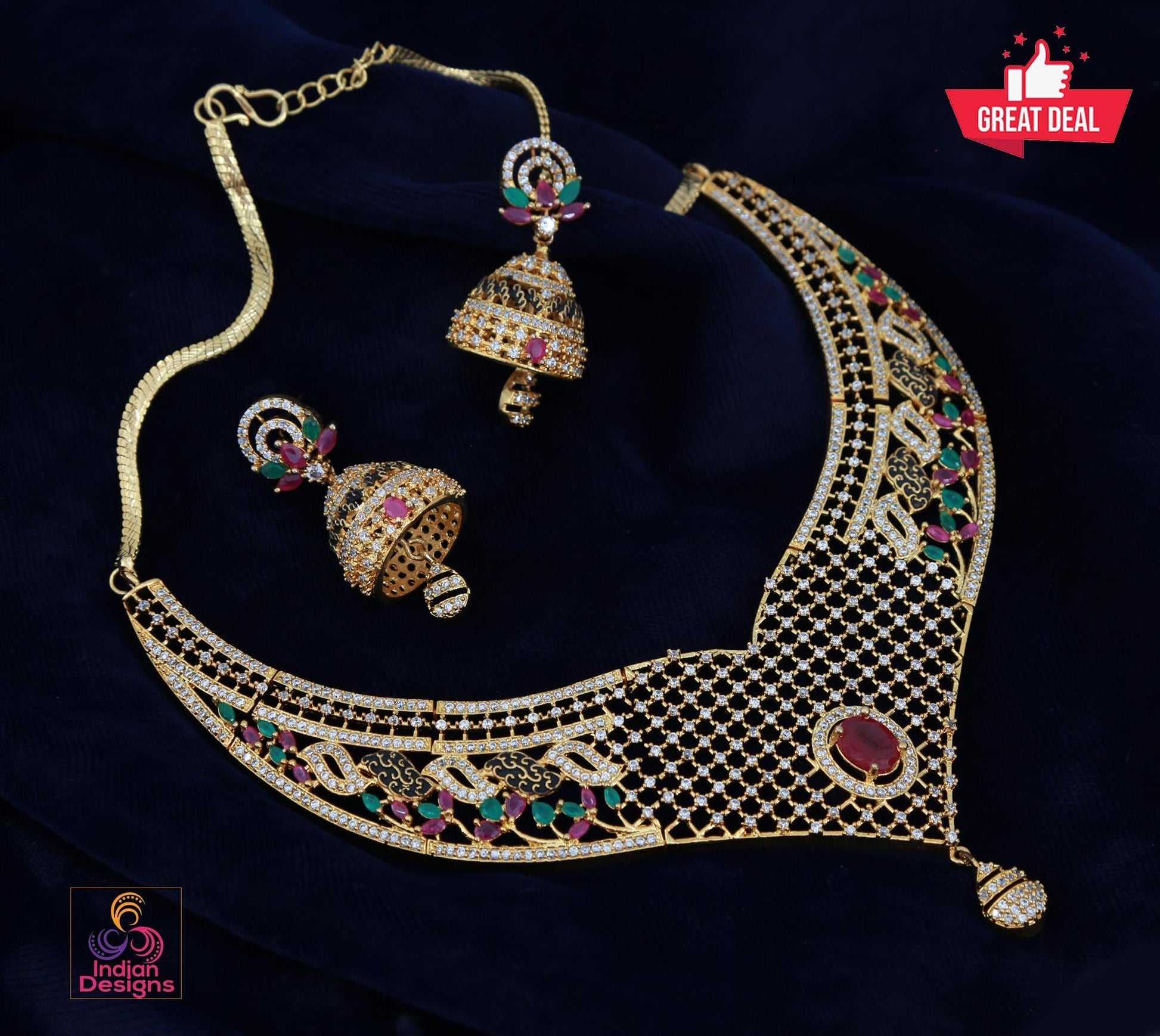Gold-Plated Designer Net Necklace Set with Ruby, Emerald, and White CZ Stones – Bridal Jewelry with Jhumkas for Weddings & Special Occasions