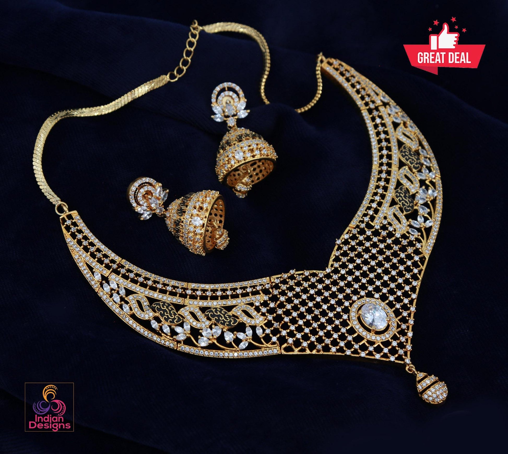 Gold-Plated Designer Net Necklace Set with Ruby, Emerald, and White CZ Stones – Bridal Jewelry with Jhumkas for Weddings & Special Occasions