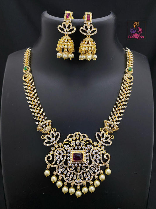 Gold-Plated Bridal Necklace Set with Ruby and AD Stones | Designer Jhumka Earrings & Pearl Drops | South Indian style Necklace| Gift for her