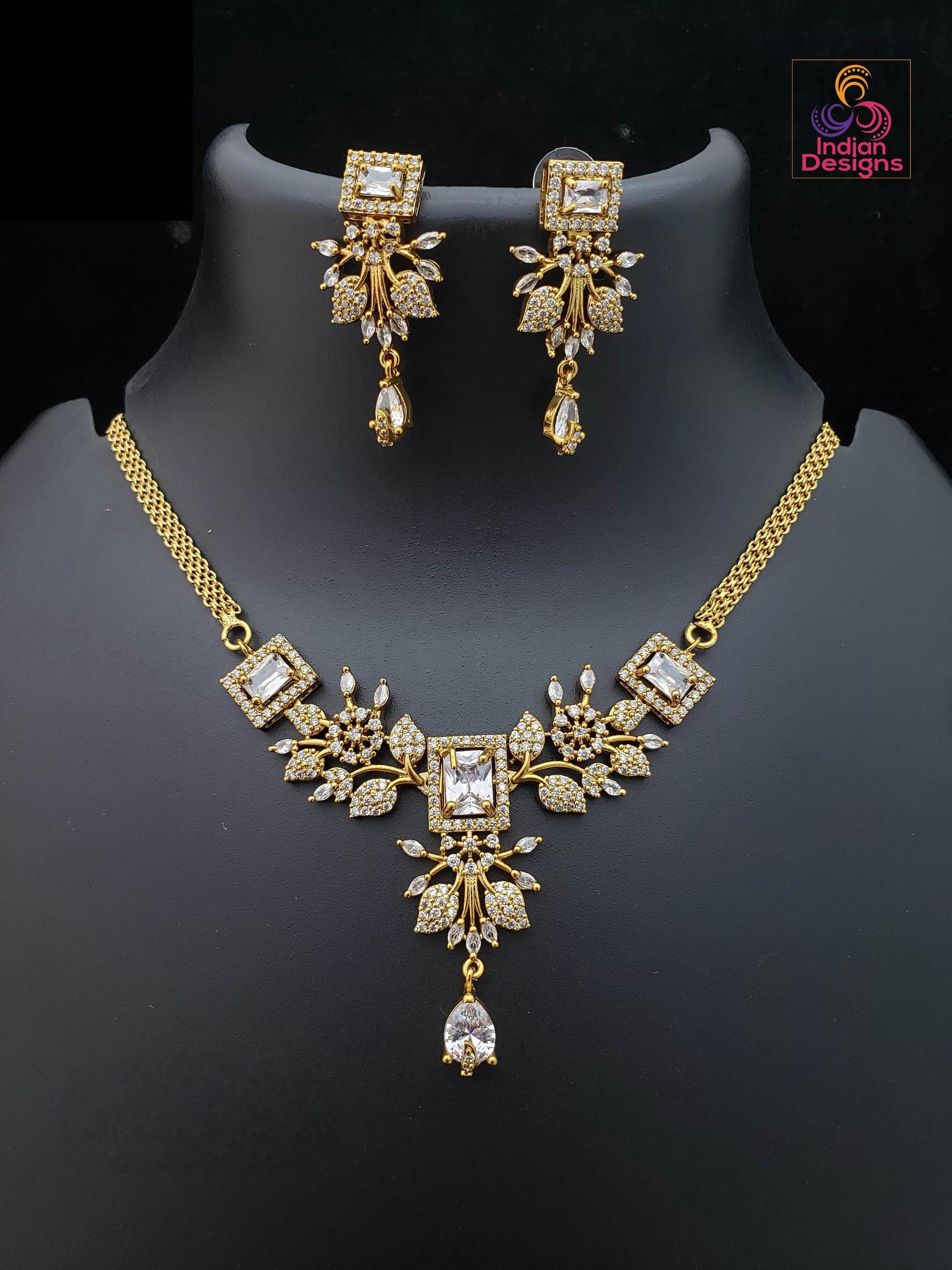 Antique Gold Tone South Indian short Necklace with American Diamond Stones| Traditional Floral Design Lightweight necklace| Gift for her