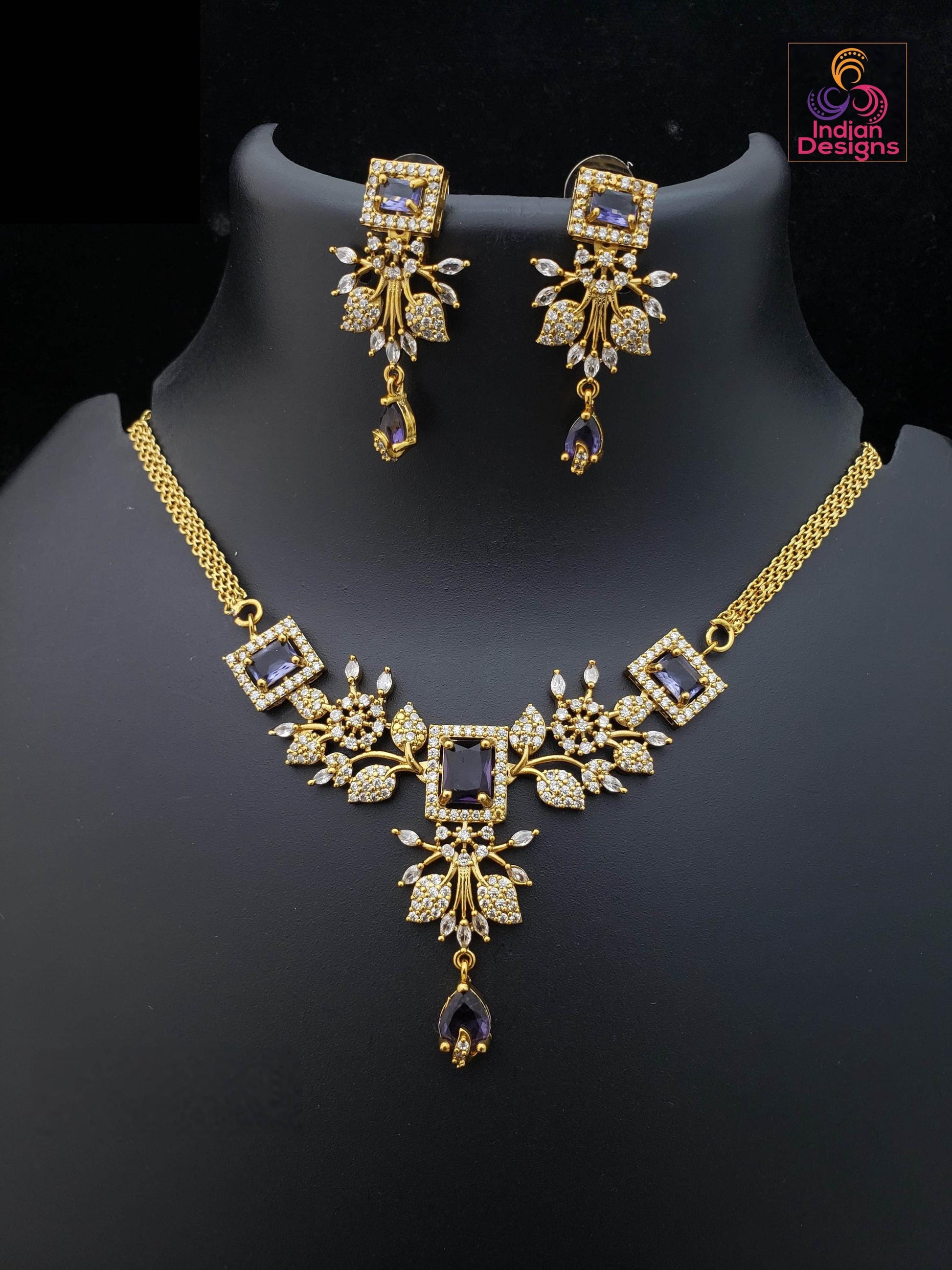 Antique Gold Tone South Indian short Necklace with American Diamond Stones| Traditional Floral Design Lightweight necklace| Gift for her