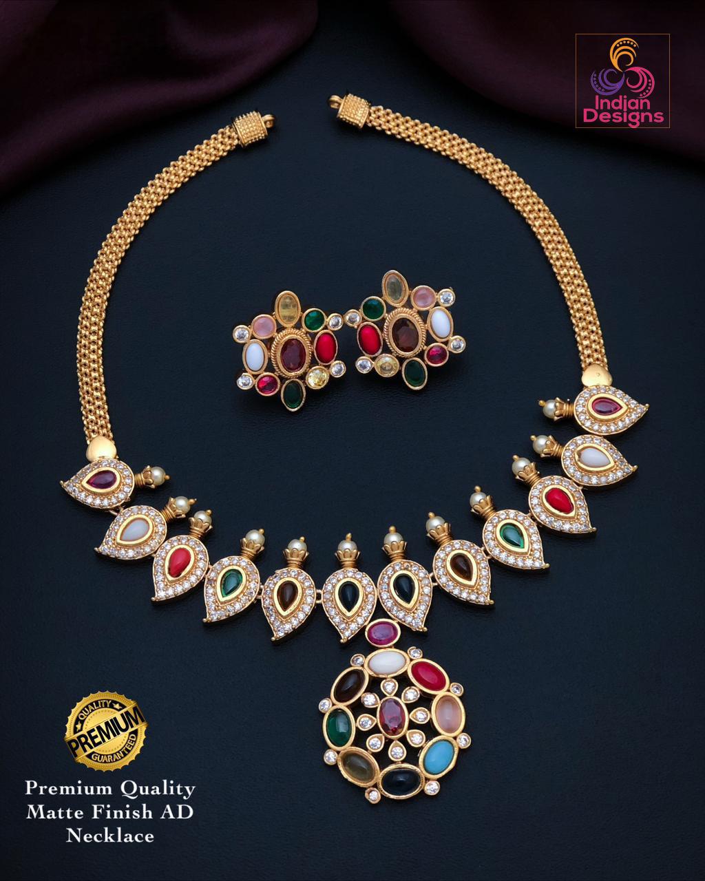 Beautiful Navaratna Stones Matte Finish AD Necklace Set| Traditional South Indian Jewelry| Statement necklace| Wedding necklace set| Gift