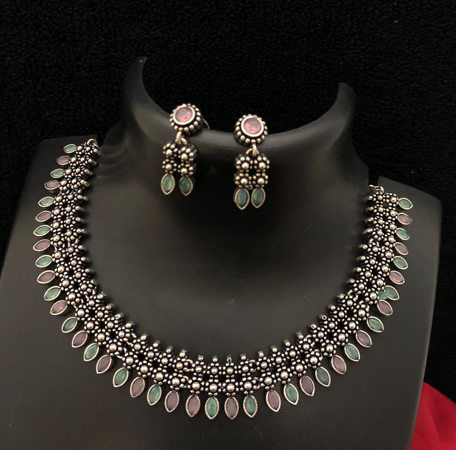 German Silver Oxidized Choker Necklace Earring set | Indian Jewelry Oxidized necklace with color stones | Traditional Antique Wedding jewelr