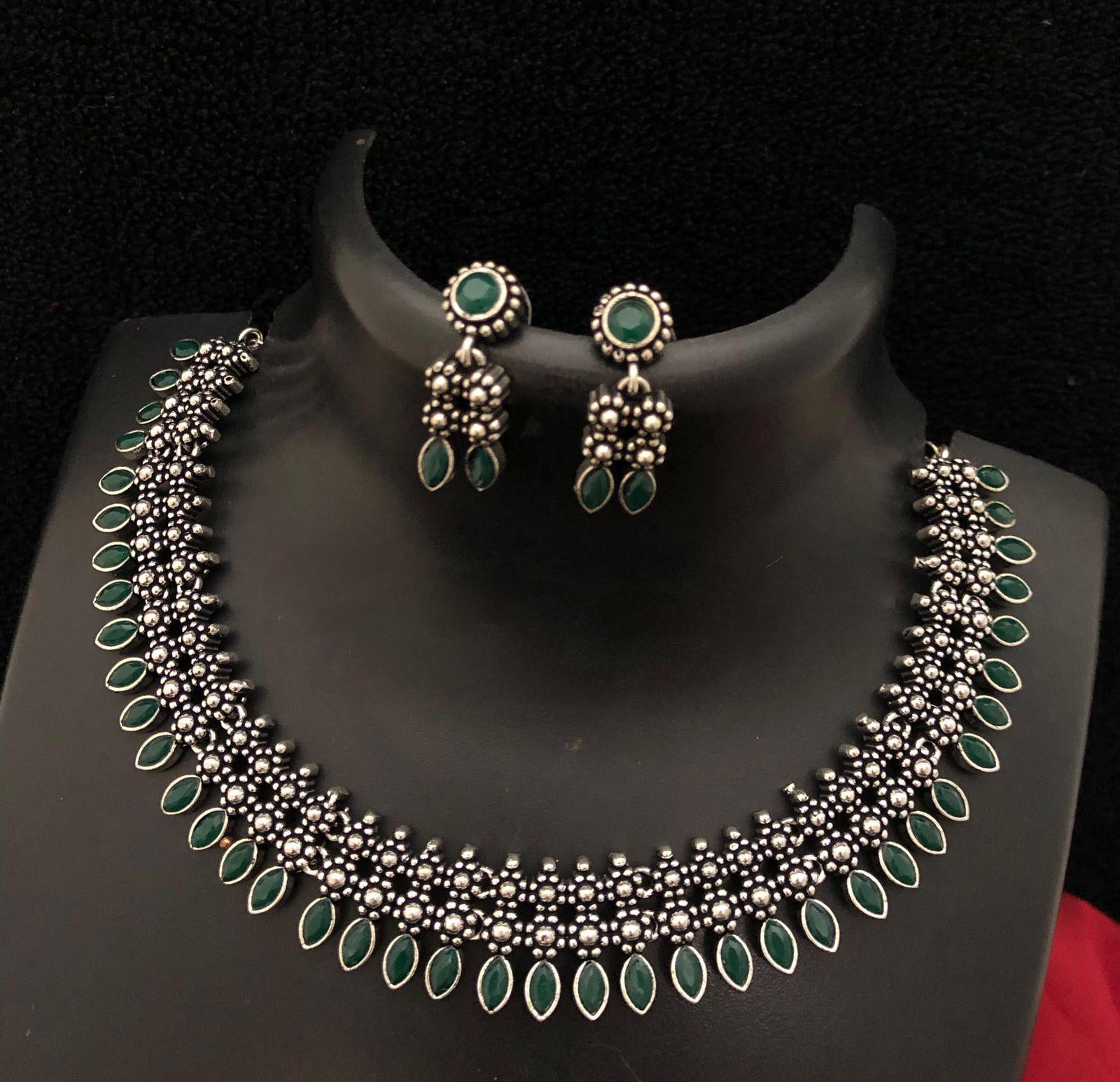 German Silver Oxidized Choker Necklace Earring set | Indian Jewelry Oxidized necklace with color stones | Traditional Antique Wedding jewelr