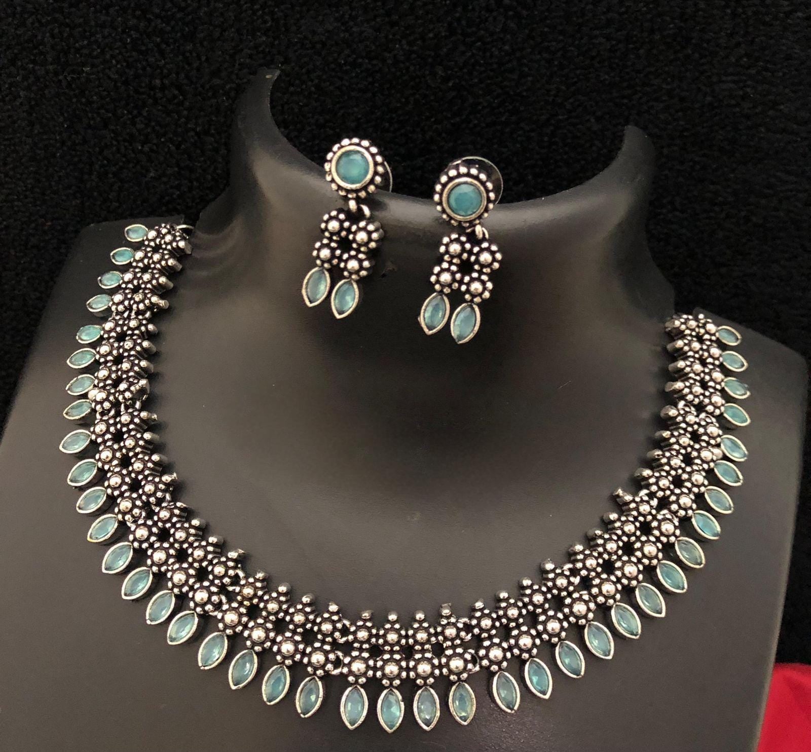 German Silver Oxidized Choker Necklace Earring set | Indian Jewelry Oxidized necklace with color stones | Traditional Antique Wedding jewelr