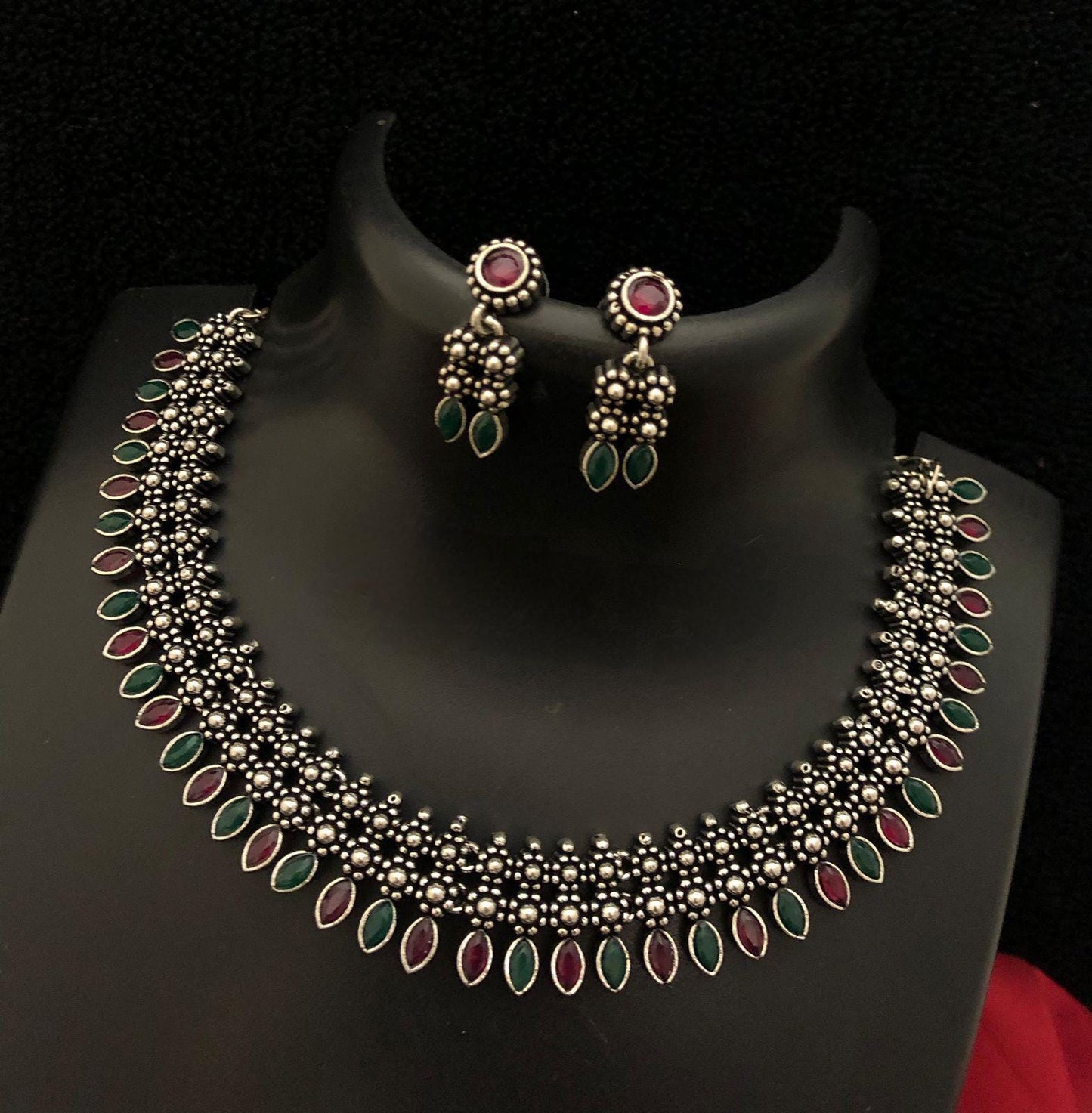 German Silver Oxidized Choker Necklace Earring set | Indian Jewelry Oxidized necklace with color stones | Traditional Antique Wedding jewelr