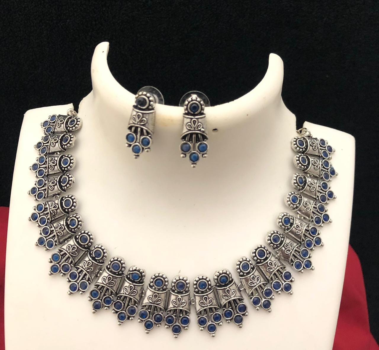 German Silver Oxidized Choker Necklace Earring set | Indian Jewelry Oxidized necklace with color stones | Traditional Antique Wedding jewelr