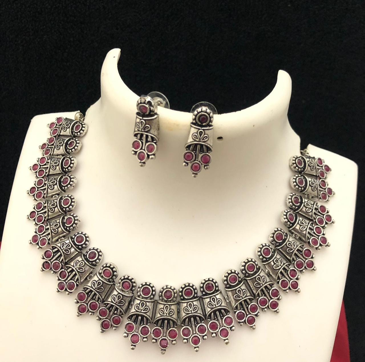 German Silver Oxidized Choker Necklace Earring set | Indian Jewelry Oxidized necklace with color stones | Traditional Antique Wedding jewelr