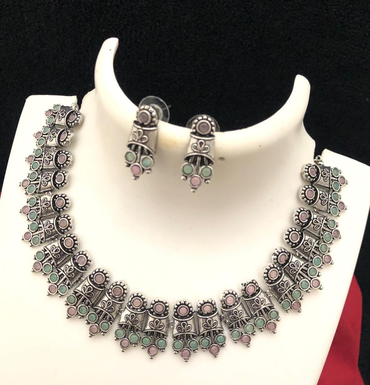 German Silver Oxidized Choker Necklace Earring set | Indian Jewelry Oxidized necklace with color stones | Traditional Antique Wedding jewelr