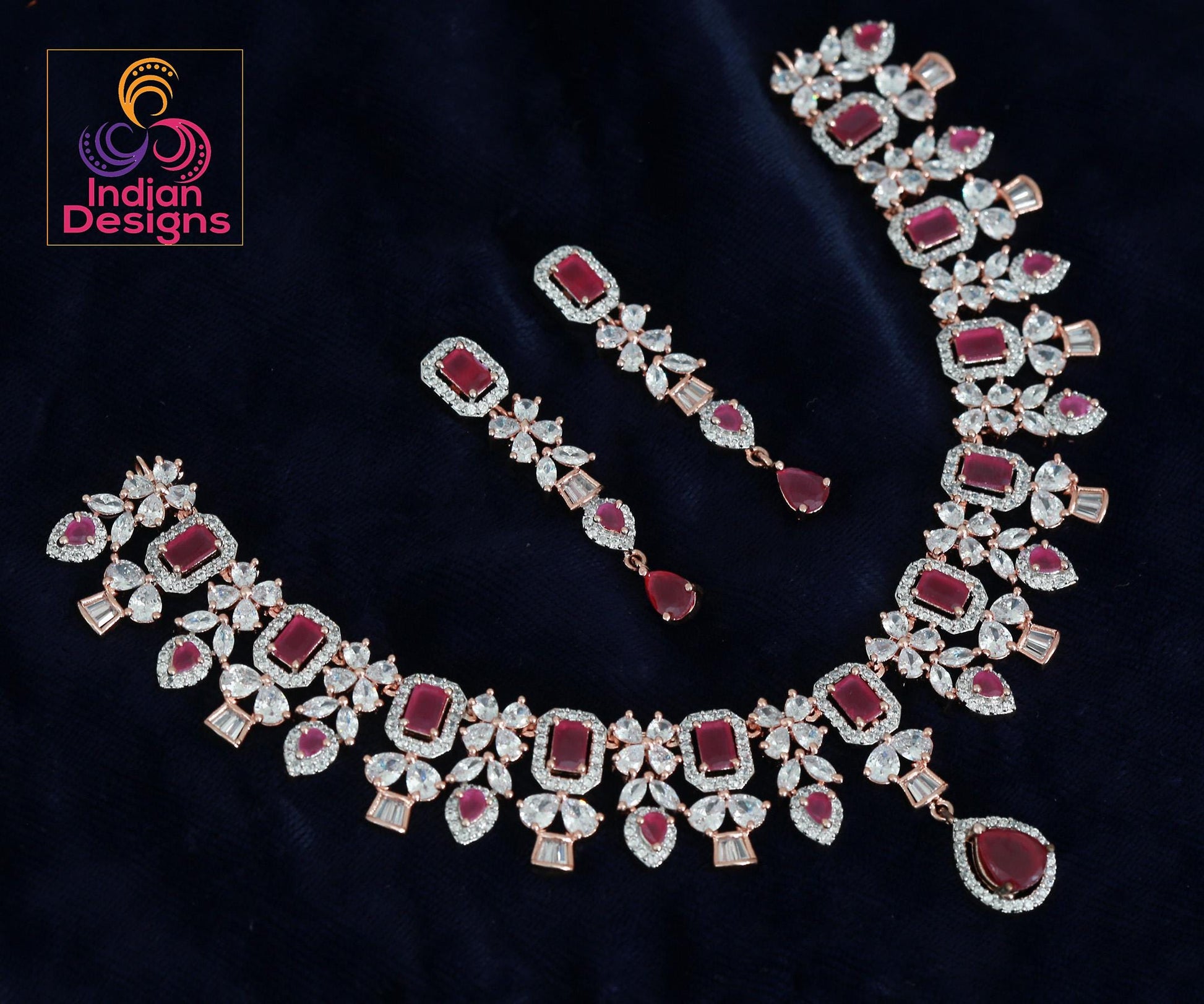 Rose Gold Ruby and White Crystal Necklace Set| American Diamond Wedding Jewelry| Statement Necklace| Indian Jewelry|Valentine's Gift for her