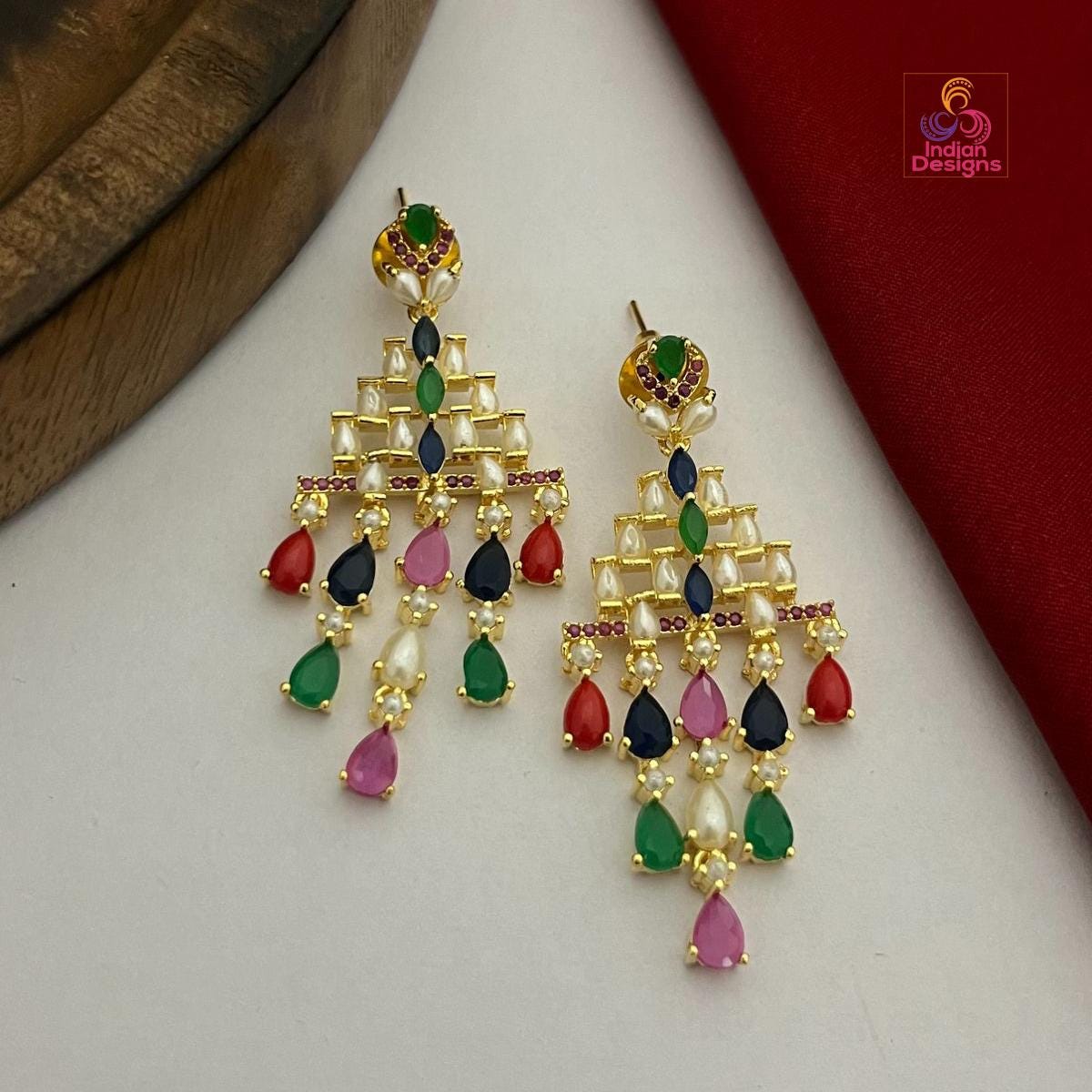 Pearl & Multi-color AD stone Party Wear Chandelier Earrings| Statement earrings set| Wedding party Earrings| Green, Pink and Pearl earrings