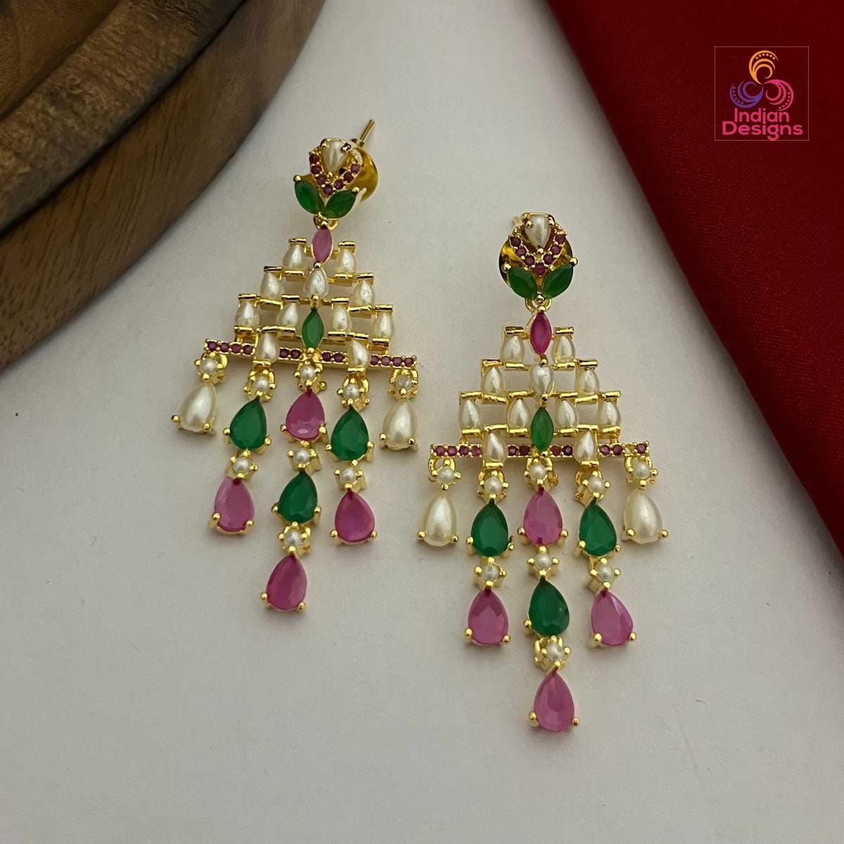 Pearl & Multi-color AD stone Party Wear Chandelier Earrings| Statement earrings set| Wedding party Earrings| Green, Pink and Pearl earrings