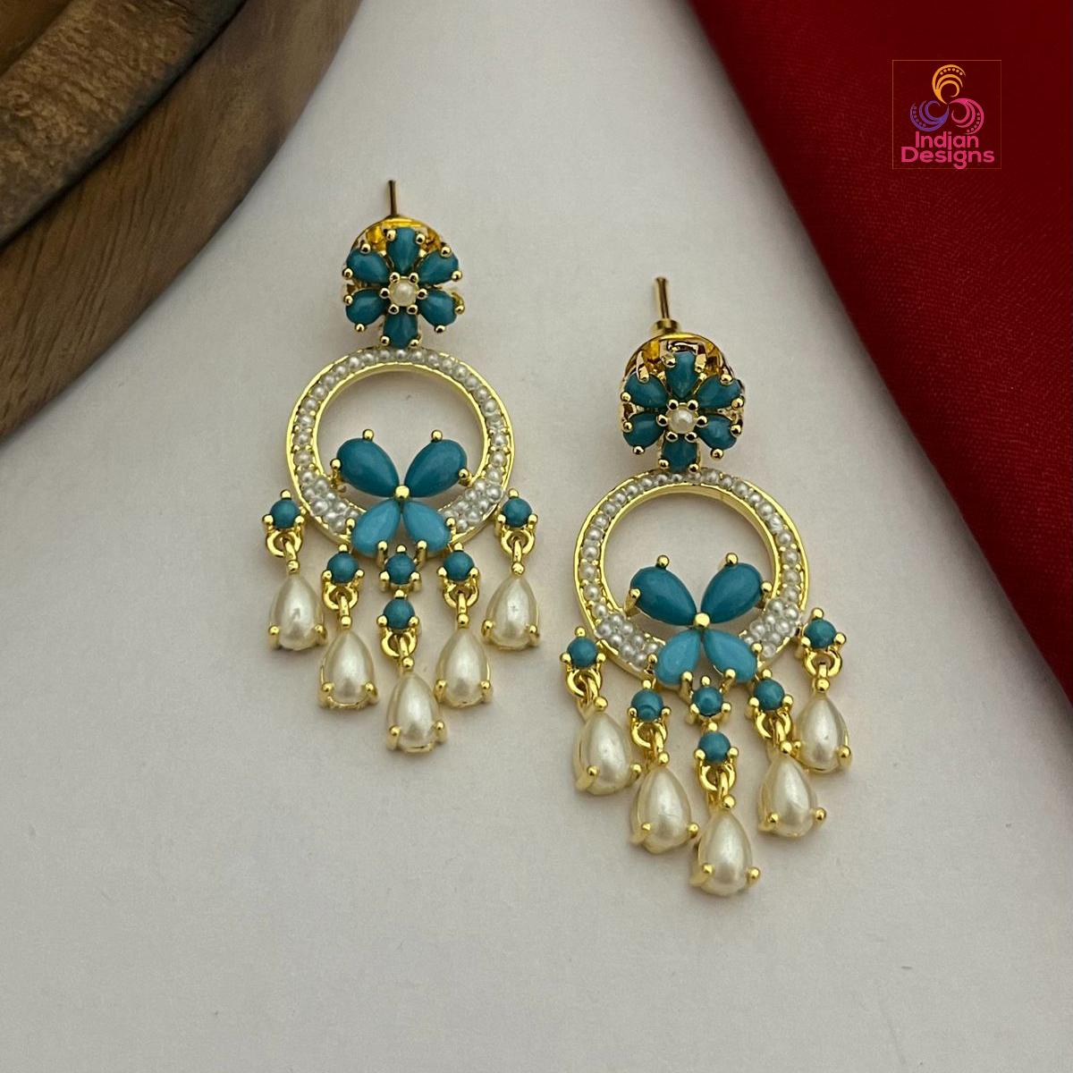 Gold Plated Pearl Drop Earrings with Ruby, Emerald, & Turquoise AD Stones| Floral Design Chandbalis|Pearl statement Earrings| Gift for her