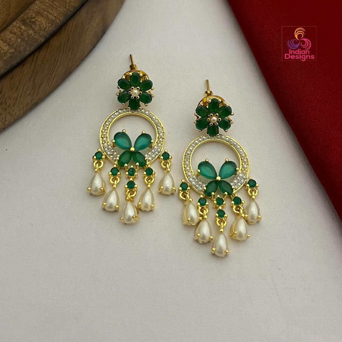 Gold Plated Pearl Drop Earrings with Ruby, Emerald, & Turquoise AD Stones| Floral Design Chandbalis|Pearl statement Earrings| Gift for her