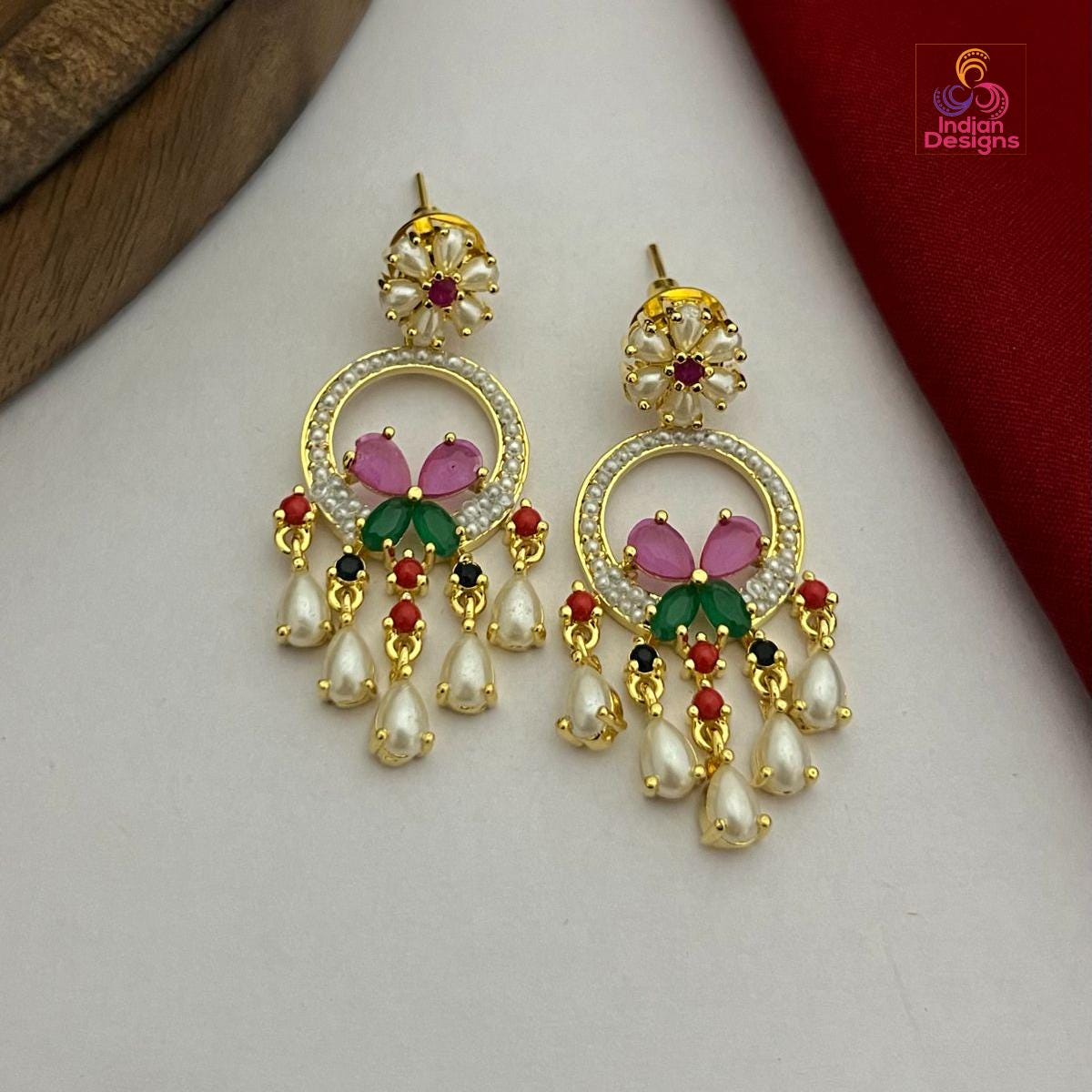 Gold Plated Pearl Drop Earrings with Ruby, Emerald, & Turquoise AD Stones| Floral Design Chandbalis|Pearl statement Earrings| Gift for her