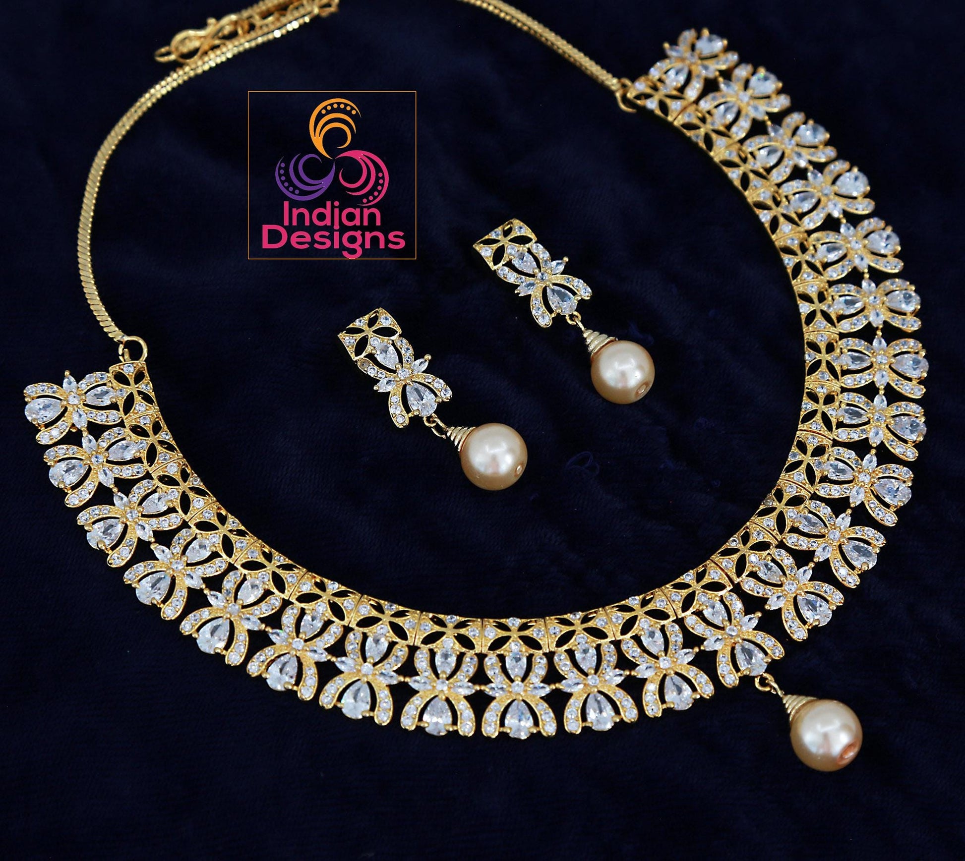 Gold-Plated American Diamond Choker Necklace Set with Pearls & CZ Stones| Elegant Wedding Party Jewelry| Indian jewelry| Gift for her