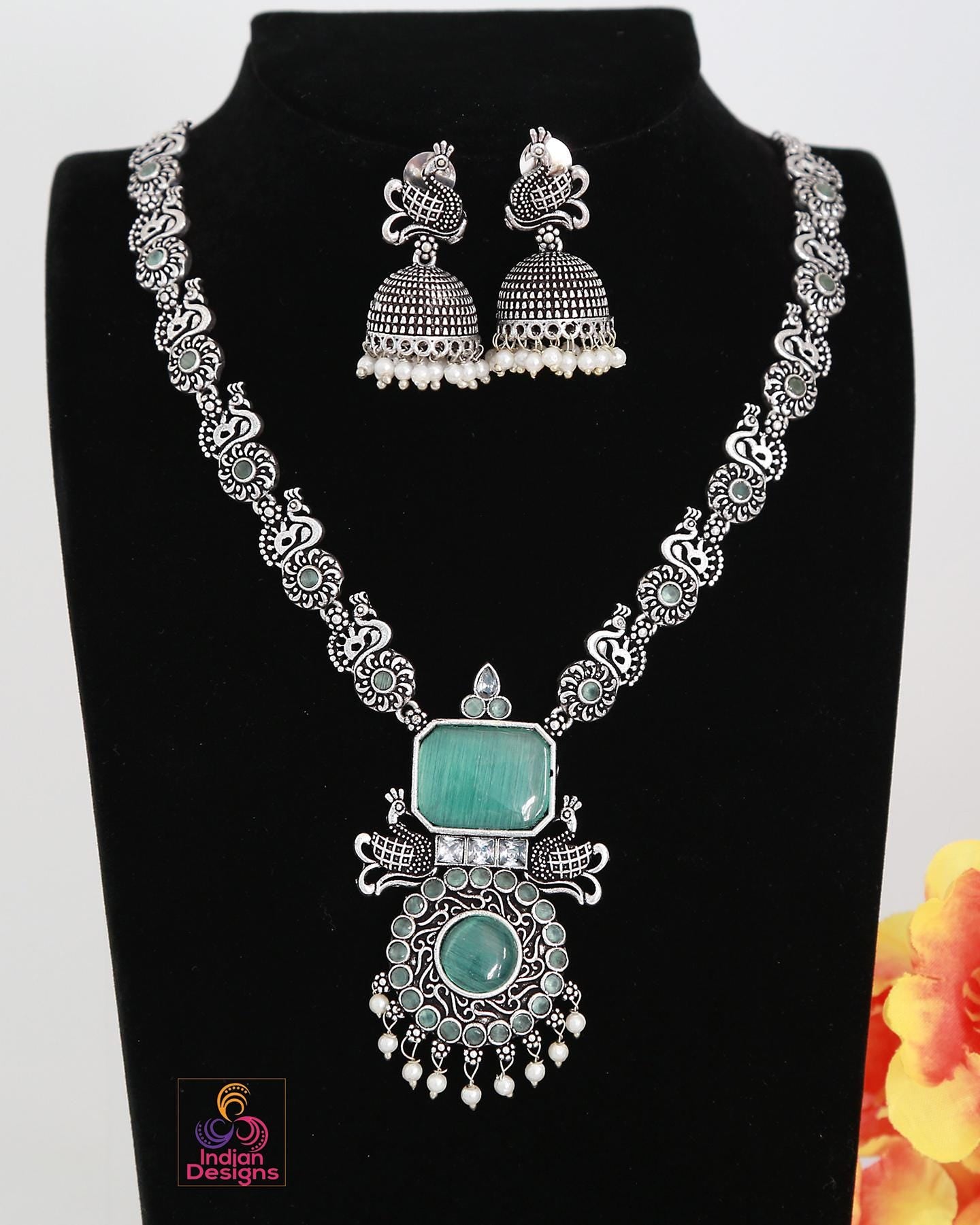 German Silver Oxidized Necklace and Earring set | Indian Jewelry Oxidized necklace with color stones | Traditional Antique Wedding jewelry