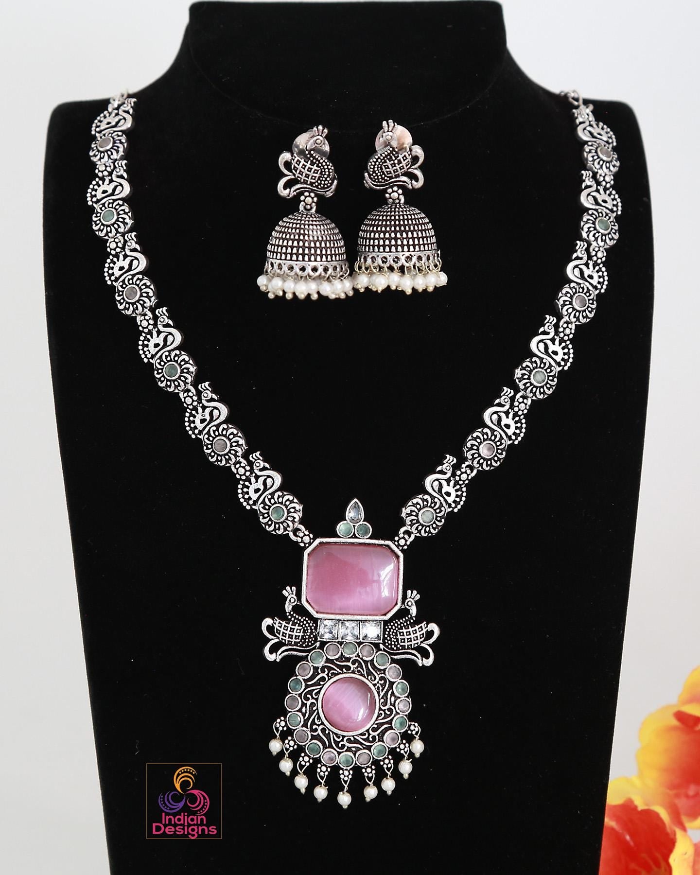 German Silver Oxidized Necklace and Earring set | Indian Jewelry Oxidized necklace with color stones | Traditional Antique Wedding jewelry