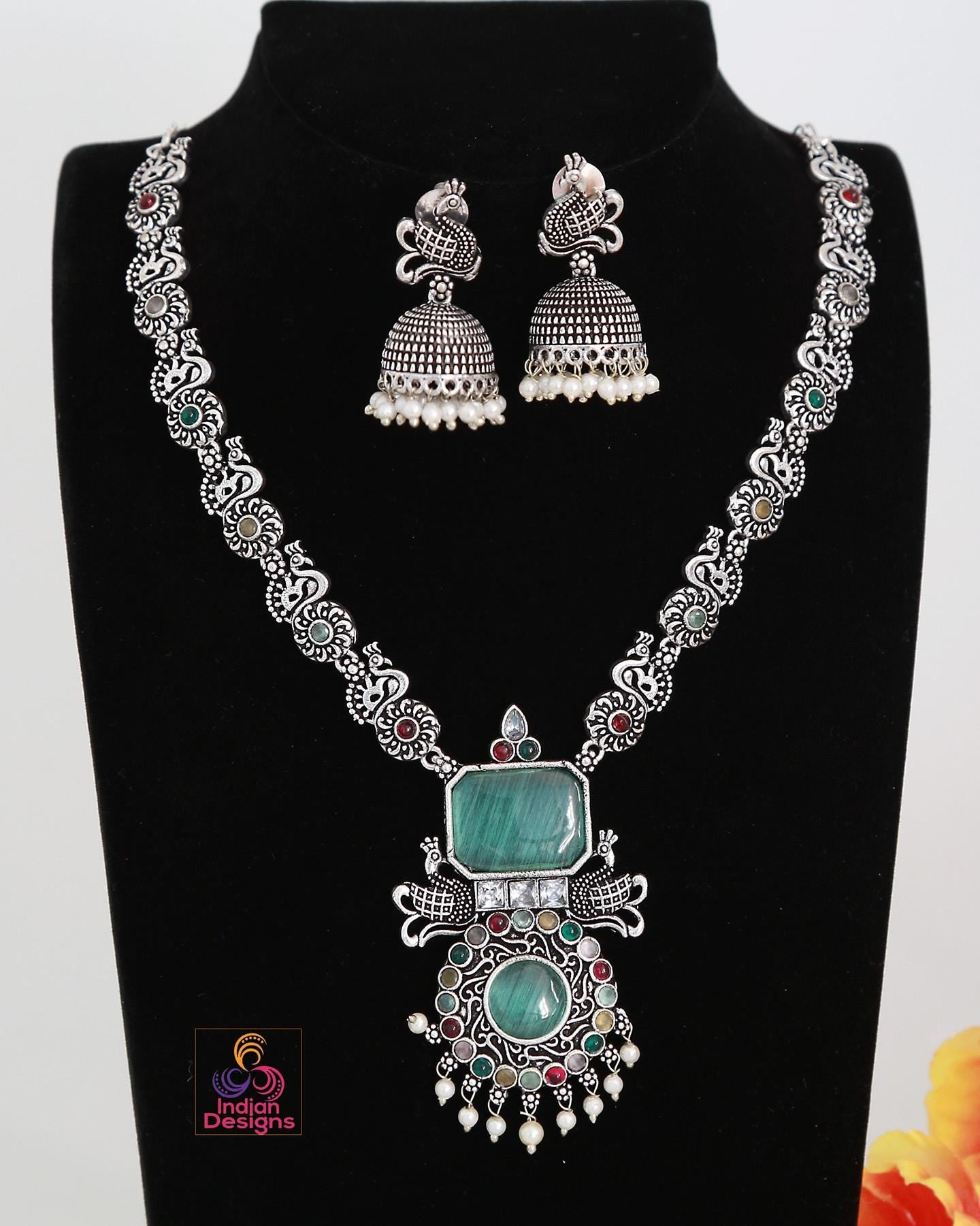 German Silver Oxidized Necklace and Earring set | Indian Jewelry Oxidized necklace with color stones | Traditional Antique Wedding jewelry