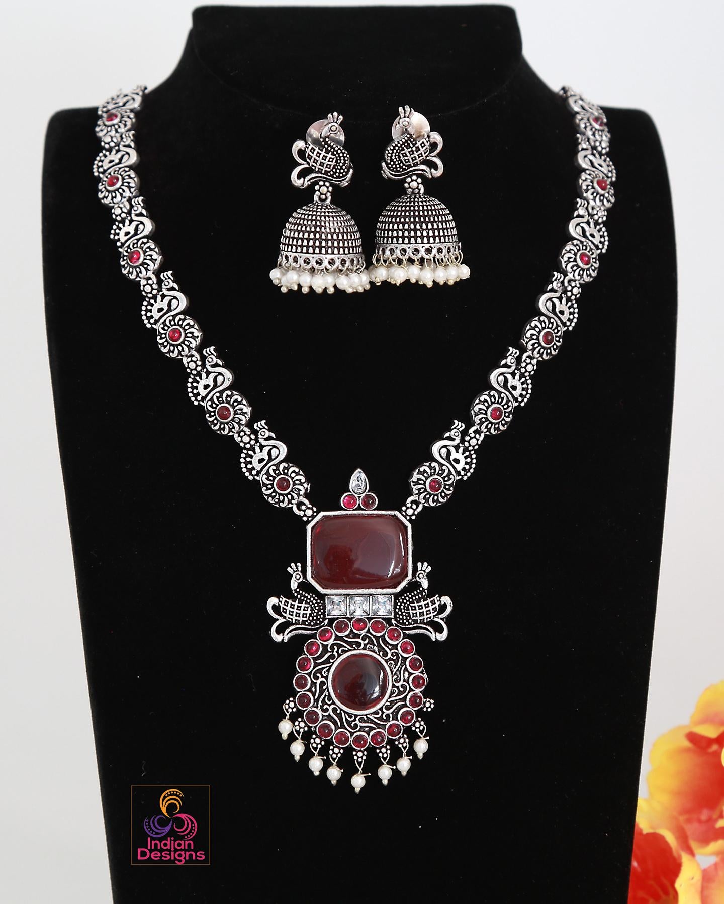 German Silver Oxidized Necklace and Earring set | Indian Jewelry Oxidized necklace with color stones | Traditional Antique Wedding jewelry