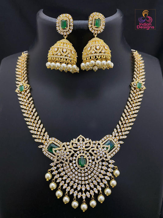 Gold Plated American Diamond Ruby/Green Necklace with Jhumka Earrings| South Indian Style wedding necklace| Statement necklace| Gift for her