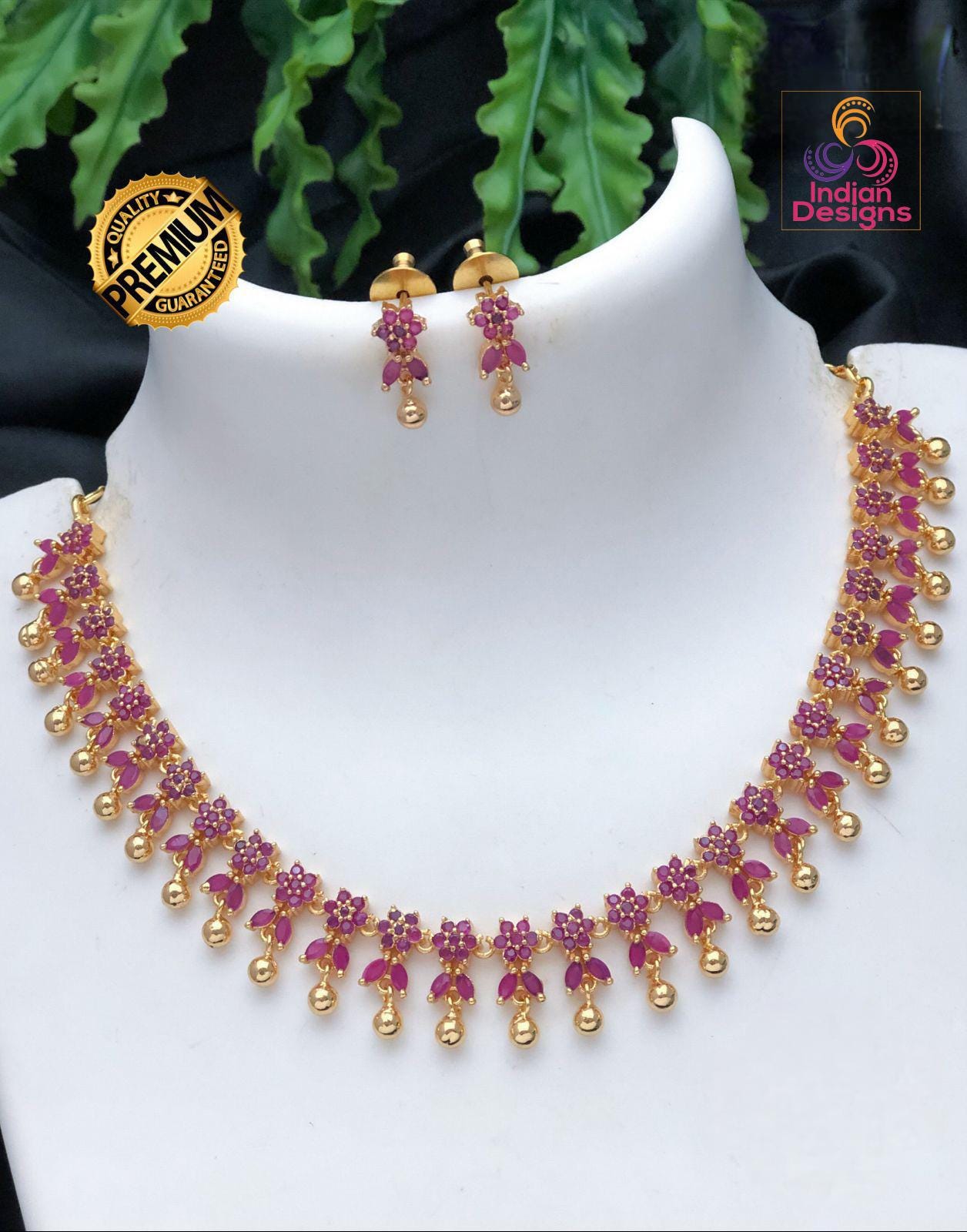 Gold Plated AD Choker Necklace and Earrings| Emerald Ruby CZ Diamond choker| Indian jewelry Statement Necklace| Gift for her