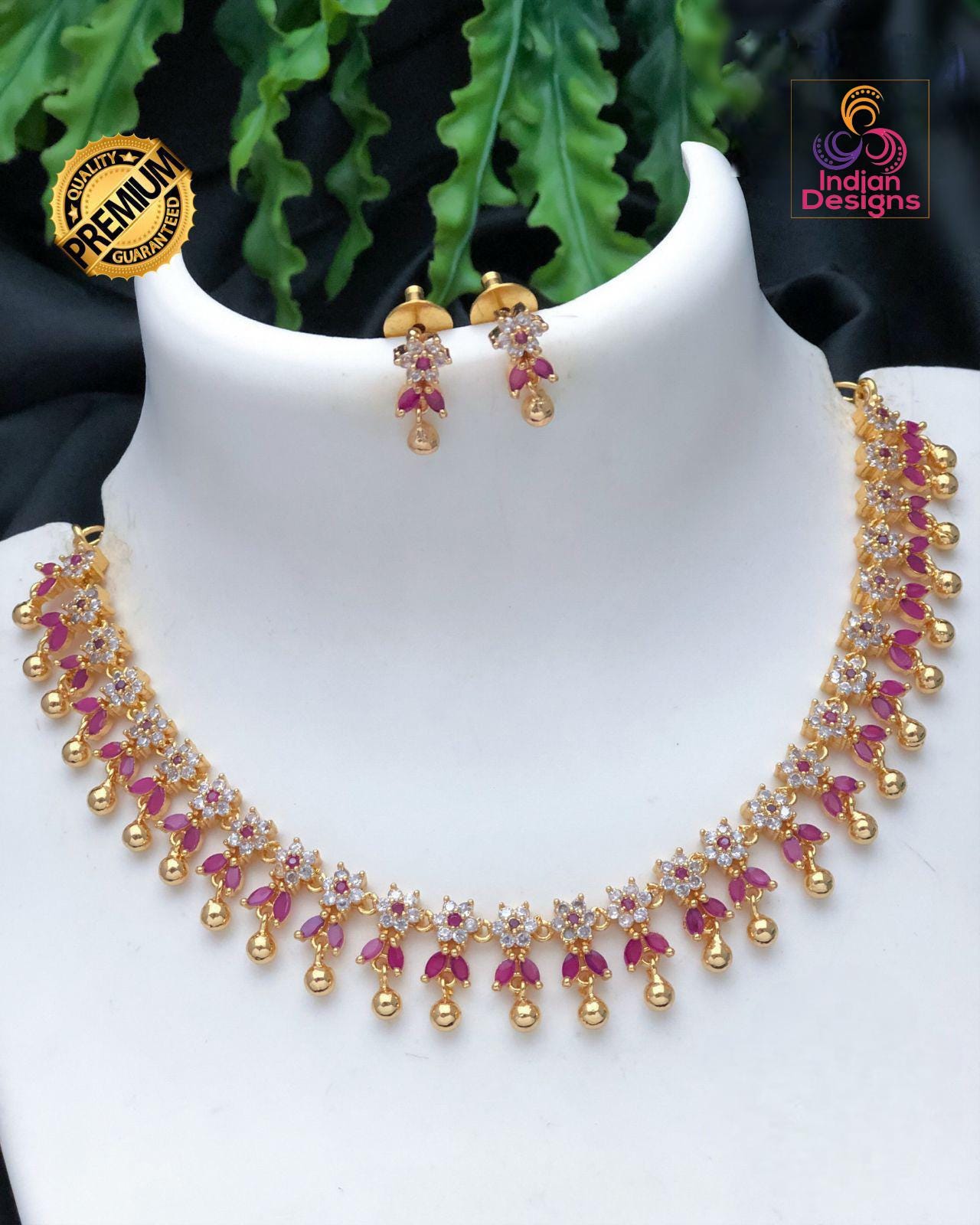 Gold Plated AD Choker Necklace and Earrings| Emerald Ruby CZ Diamond choker| Indian jewelry Statement Necklace| Gift for her