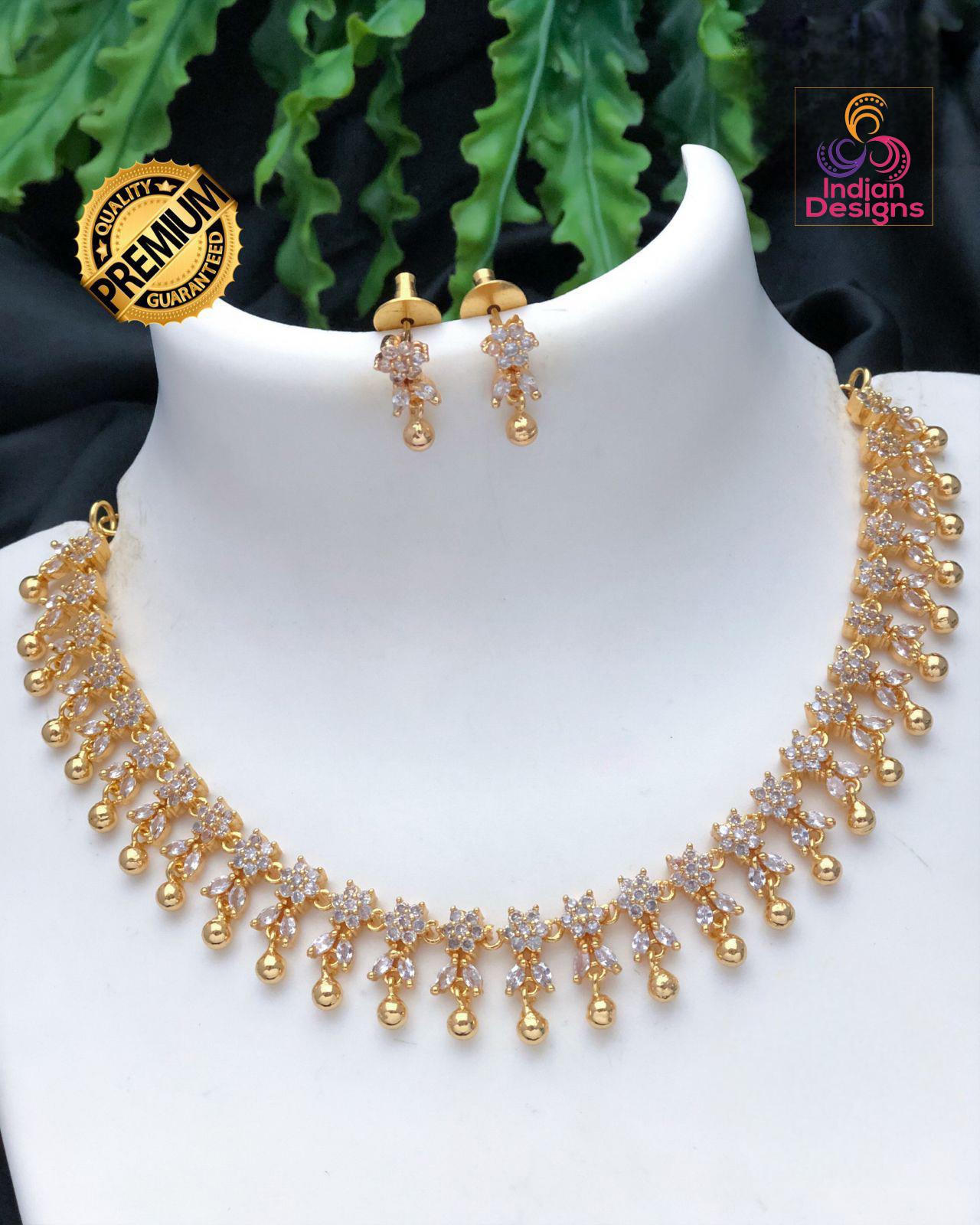 Gold Plated AD Choker Necklace and Earrings| Emerald Ruby CZ Diamond choker| Indian jewelry Statement Necklace| Gift for her