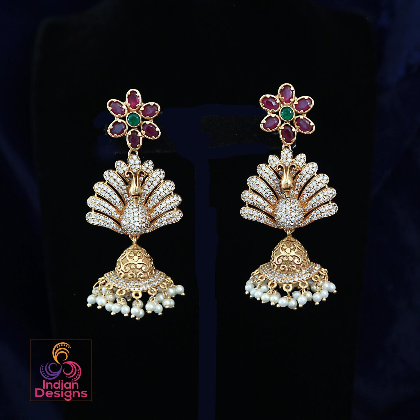 Traditional Gold Jhumka Indian Earrings| American Diamond Cz stone Peacock design & Pearl drops Long Earrings|South Indian Wedding earrings