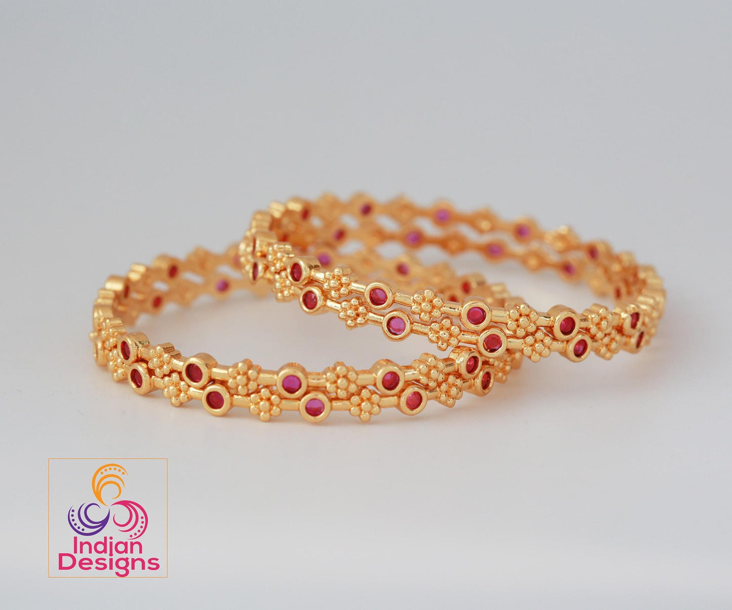Gold plated Bangles with Pink stones Set of 4| South Indian style Floral design bangles| Daily-wear Statement bangles| Stylish Gift for her