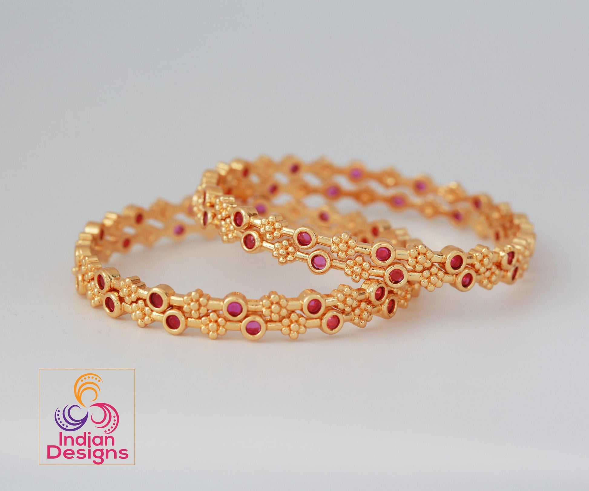 Gold plated Bangles with Pink stones Set of 4| South Indian style Floral design bangles| Daily-wear Statement bangles| Stylish Gift for her