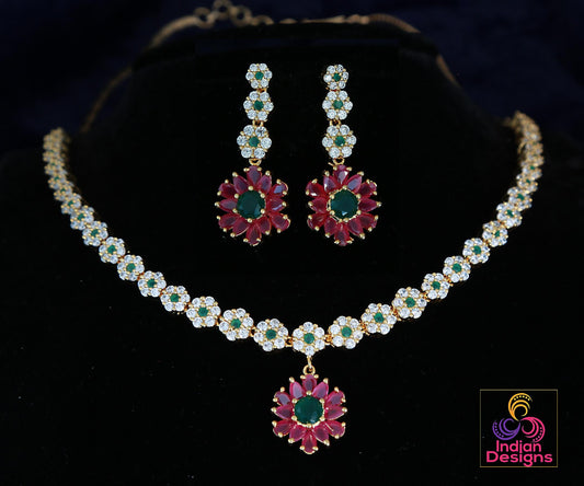 Gold-Plated Floral Pink & Green Necklace Set| American Diamond Ruby Emerald Jewelry| Minimalist necklace| Statement Necklace| Gift for her