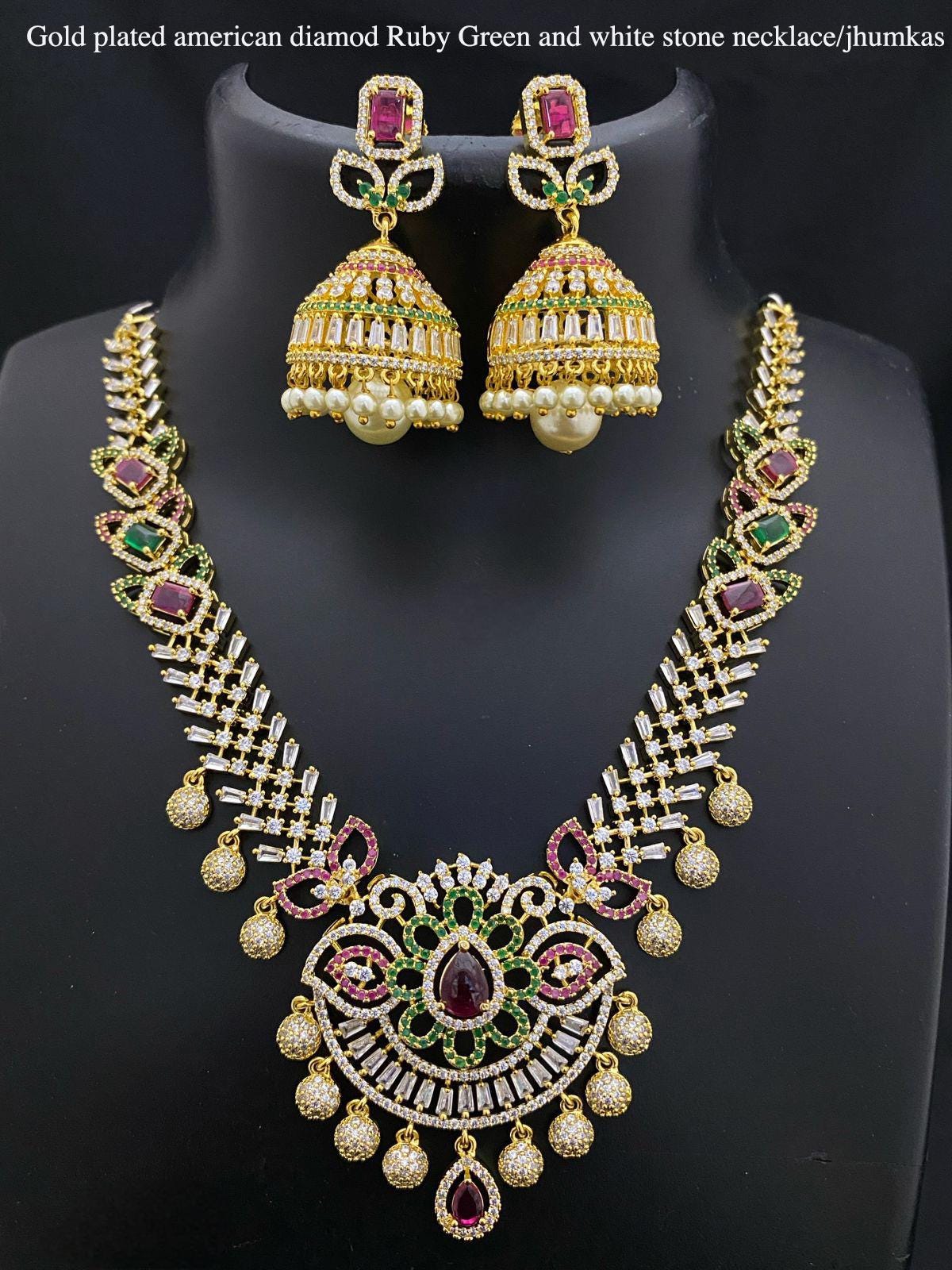 American Diamond Ruby Green Necklace & Jhumka set| South Indian Style wedding necklace| Statement necklace| Party wear Necklace|Gift for her